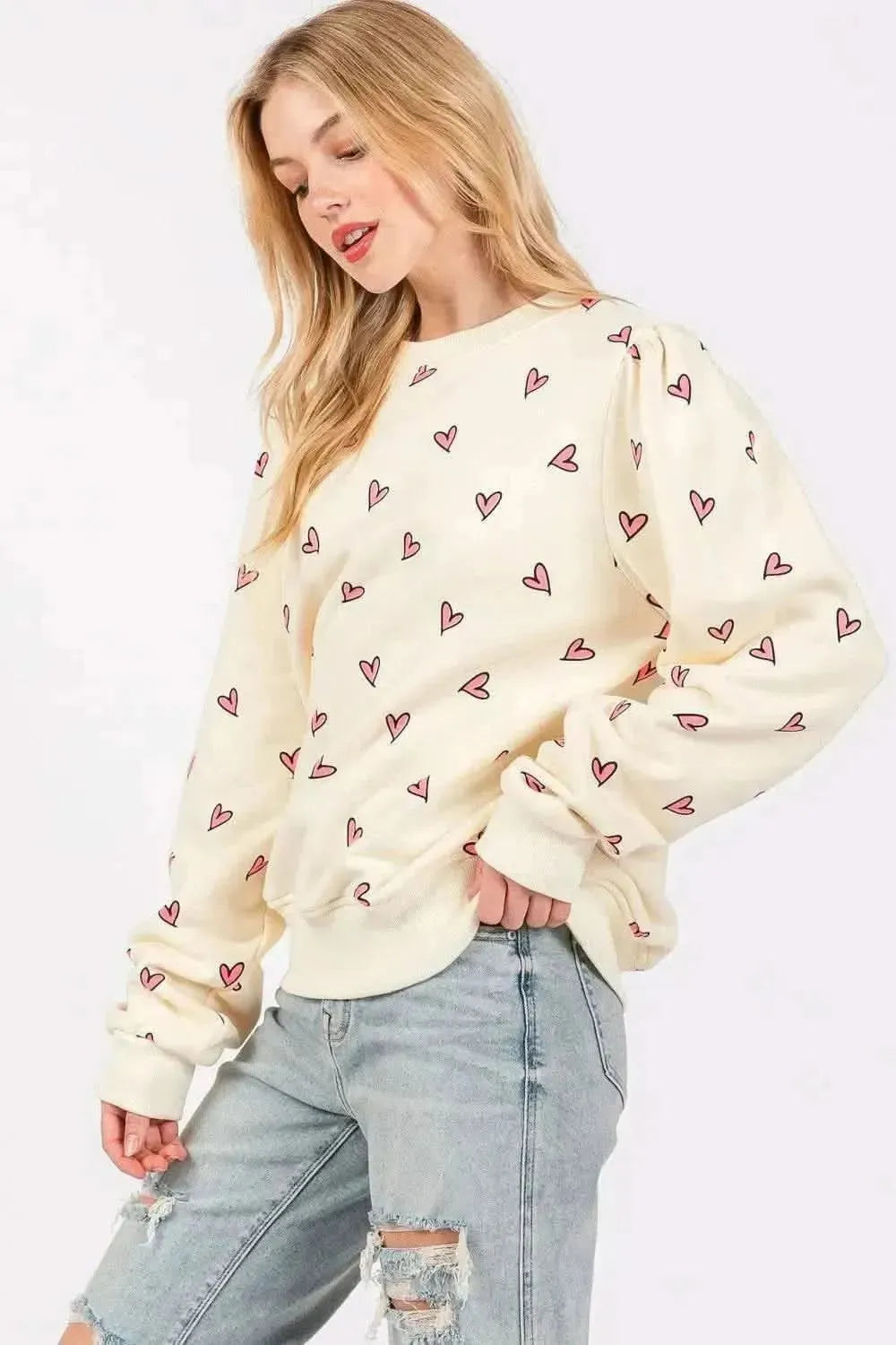 SAGE + FIG Heart Printed Contrast Long Sleeve Sweatshirt - Bad Moms Club