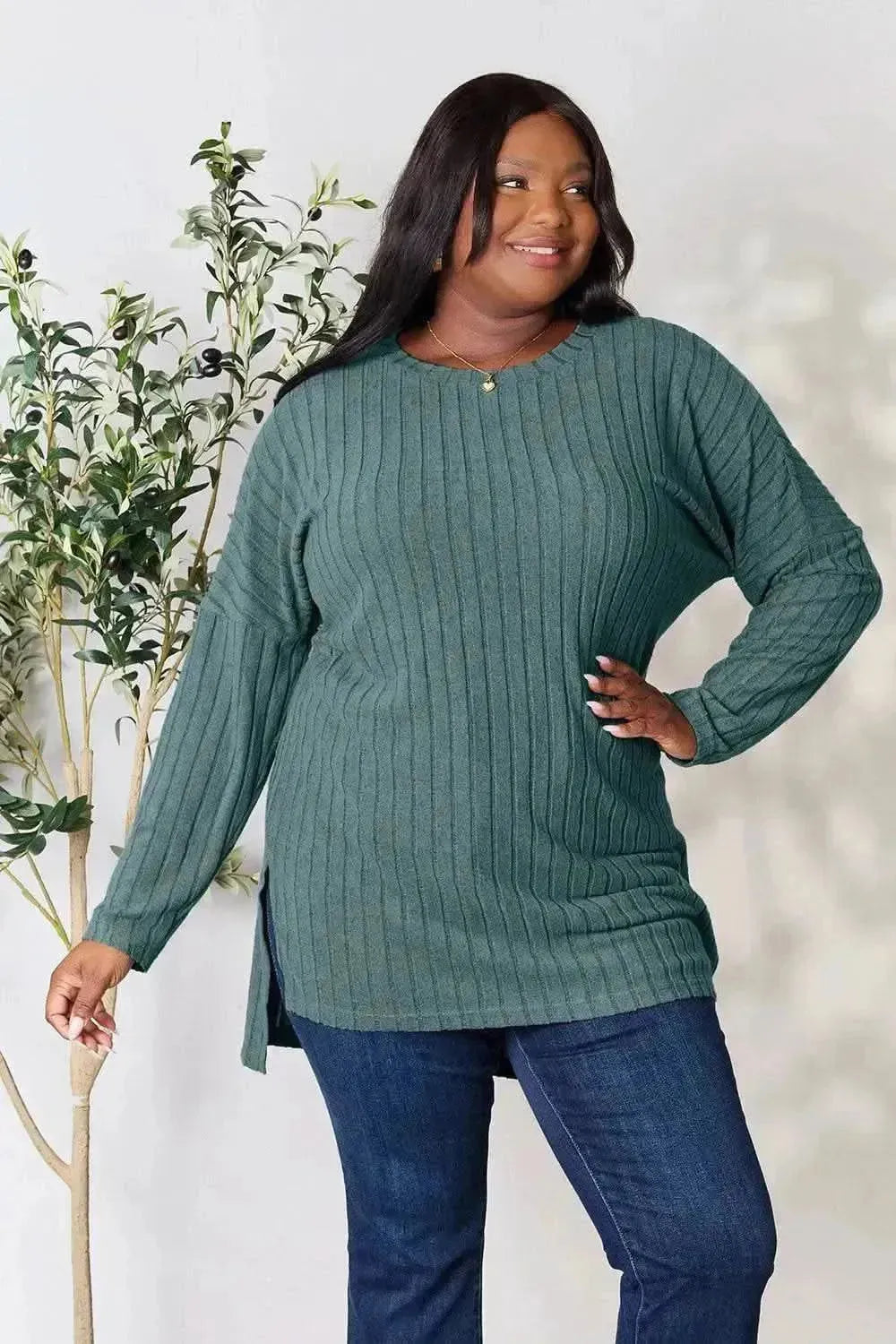 Basic Bae Full Size Ribbed Round Neck Long Sleeve Slit Top - Bad Moms Club