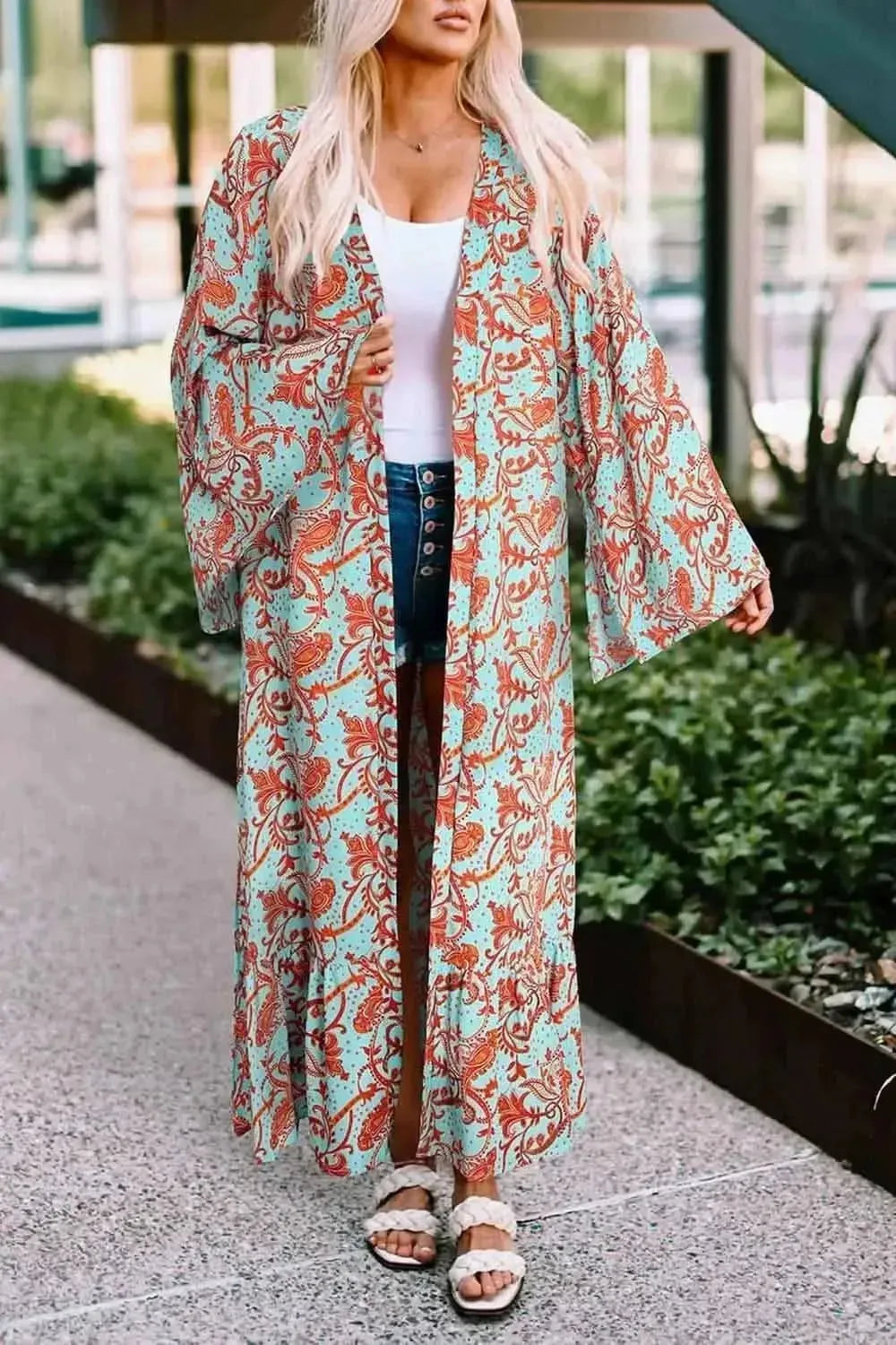 Printed Open Front Duster Cardigan - Bad Moms Club