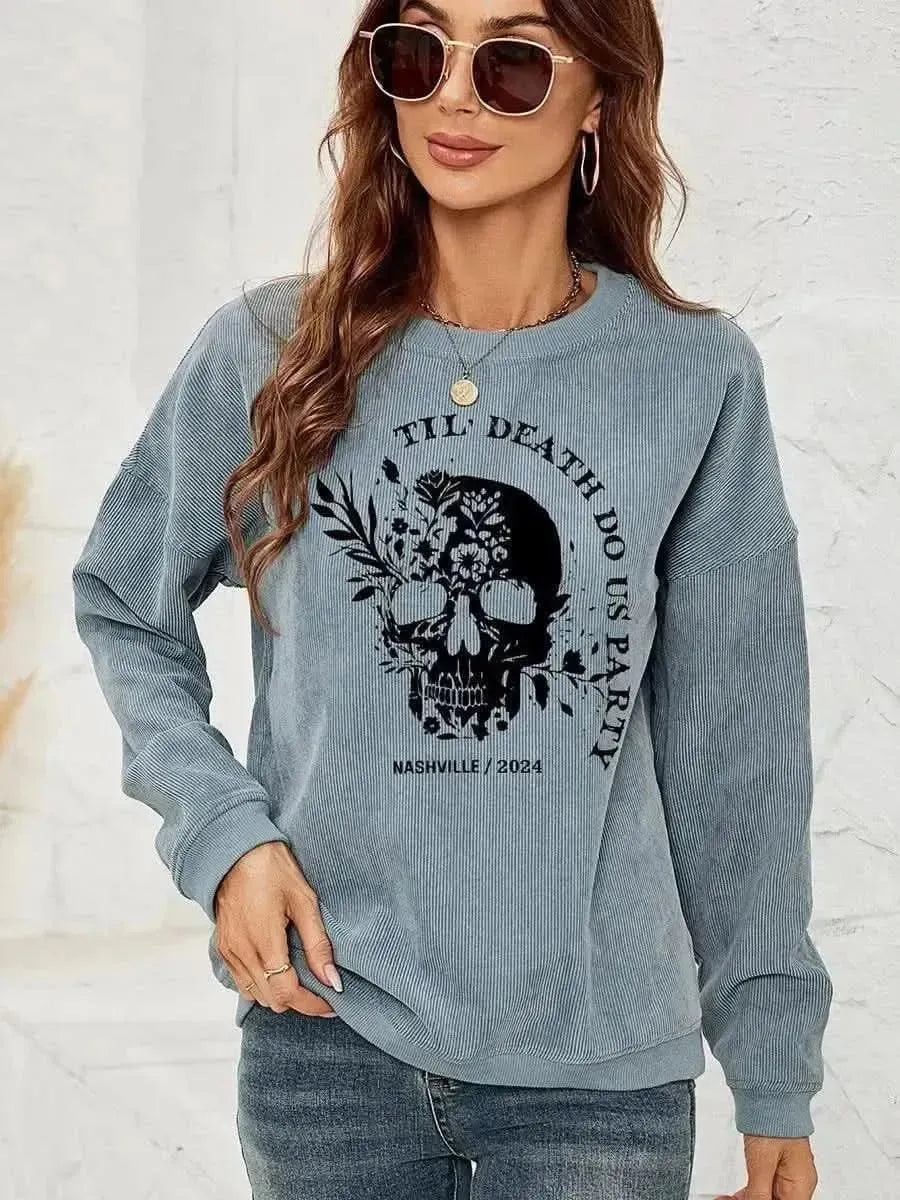 Skull Graphic Dropped Shoulder Sweatshirt - Bad Moms Club