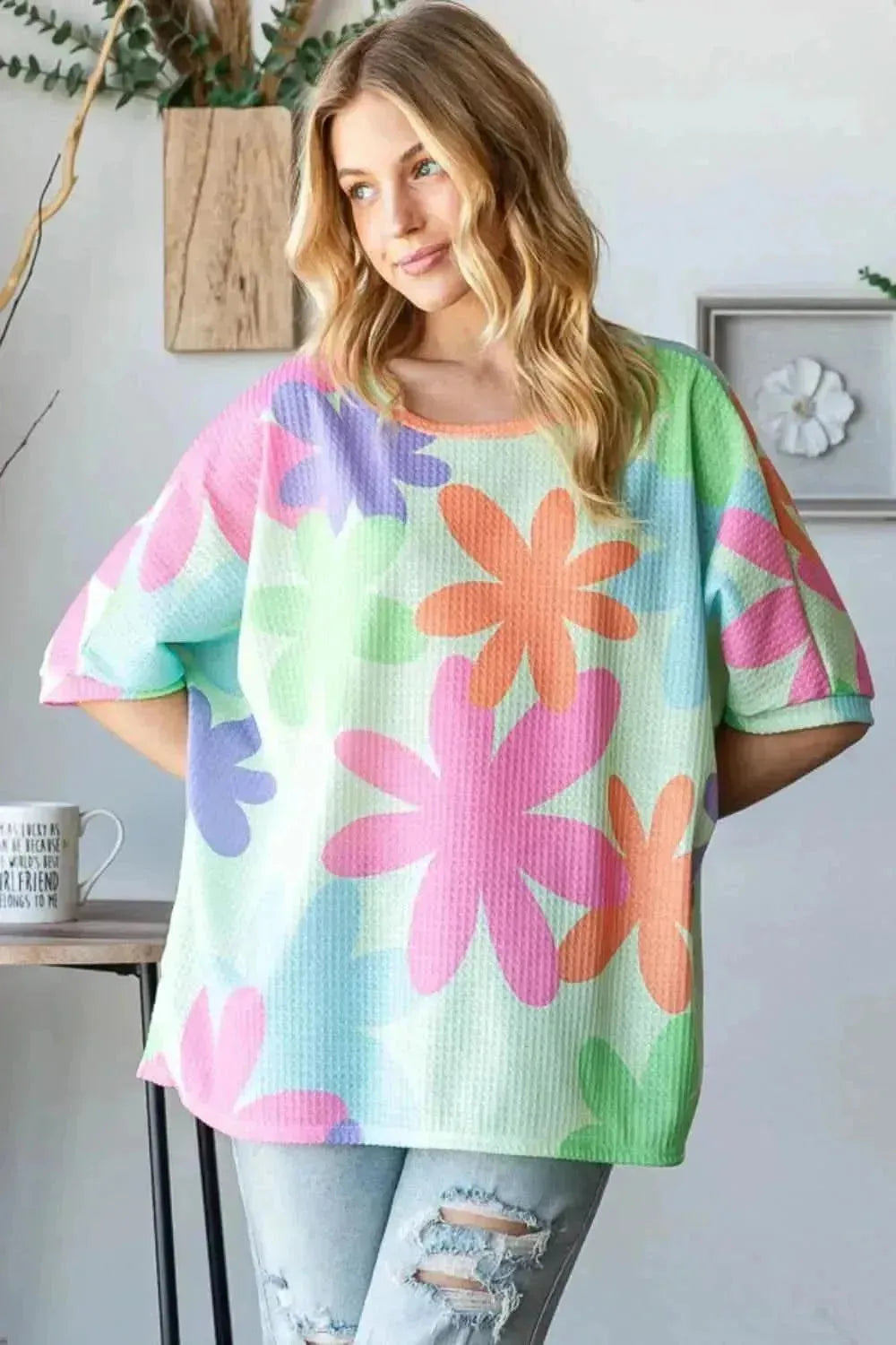 HOPELY Floral Round Neck Waffle T-Shirt - Bad Moms Club