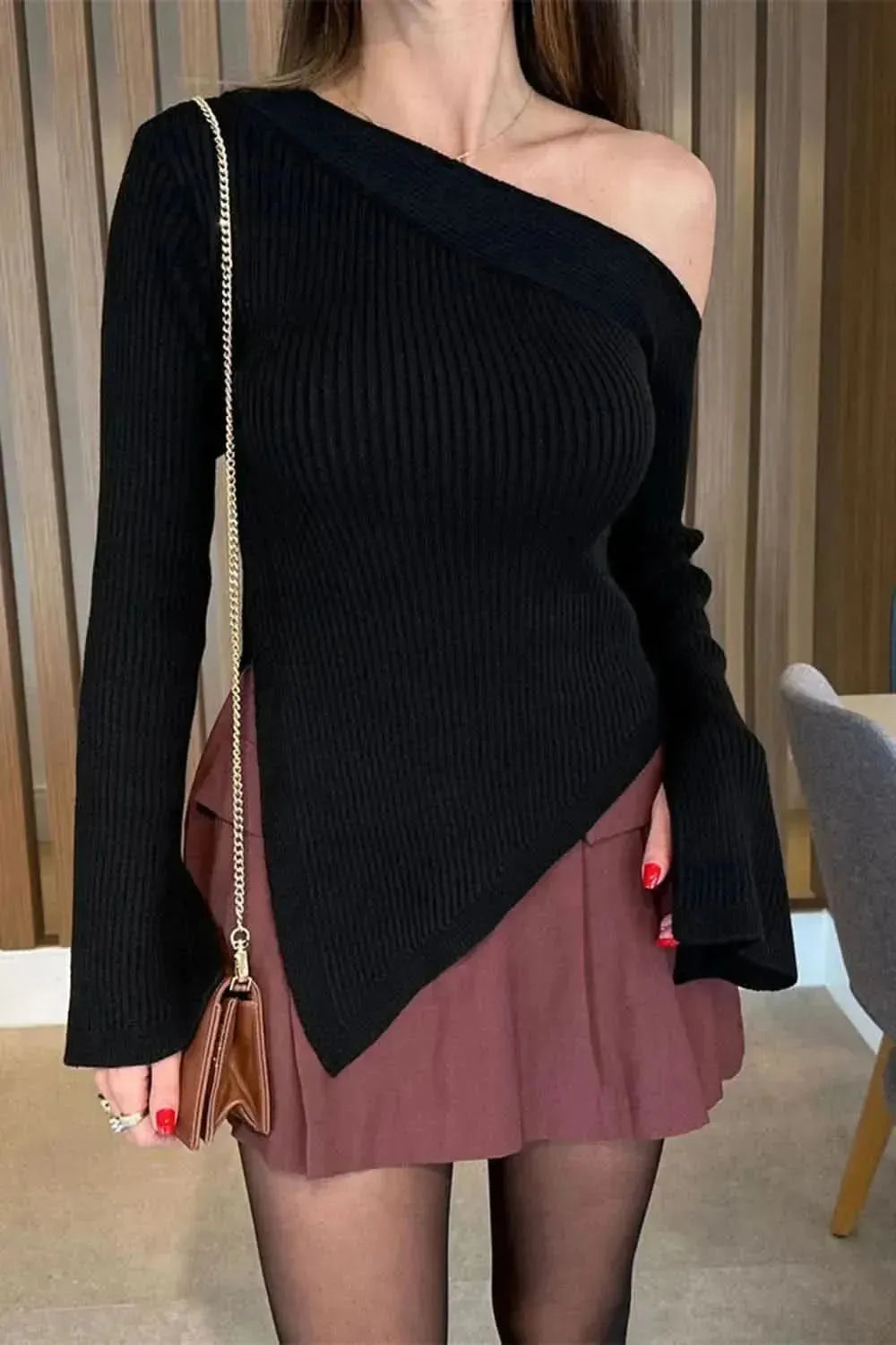 Asymmetric Hem Single Shoulder Sweater - Bad Moms Club