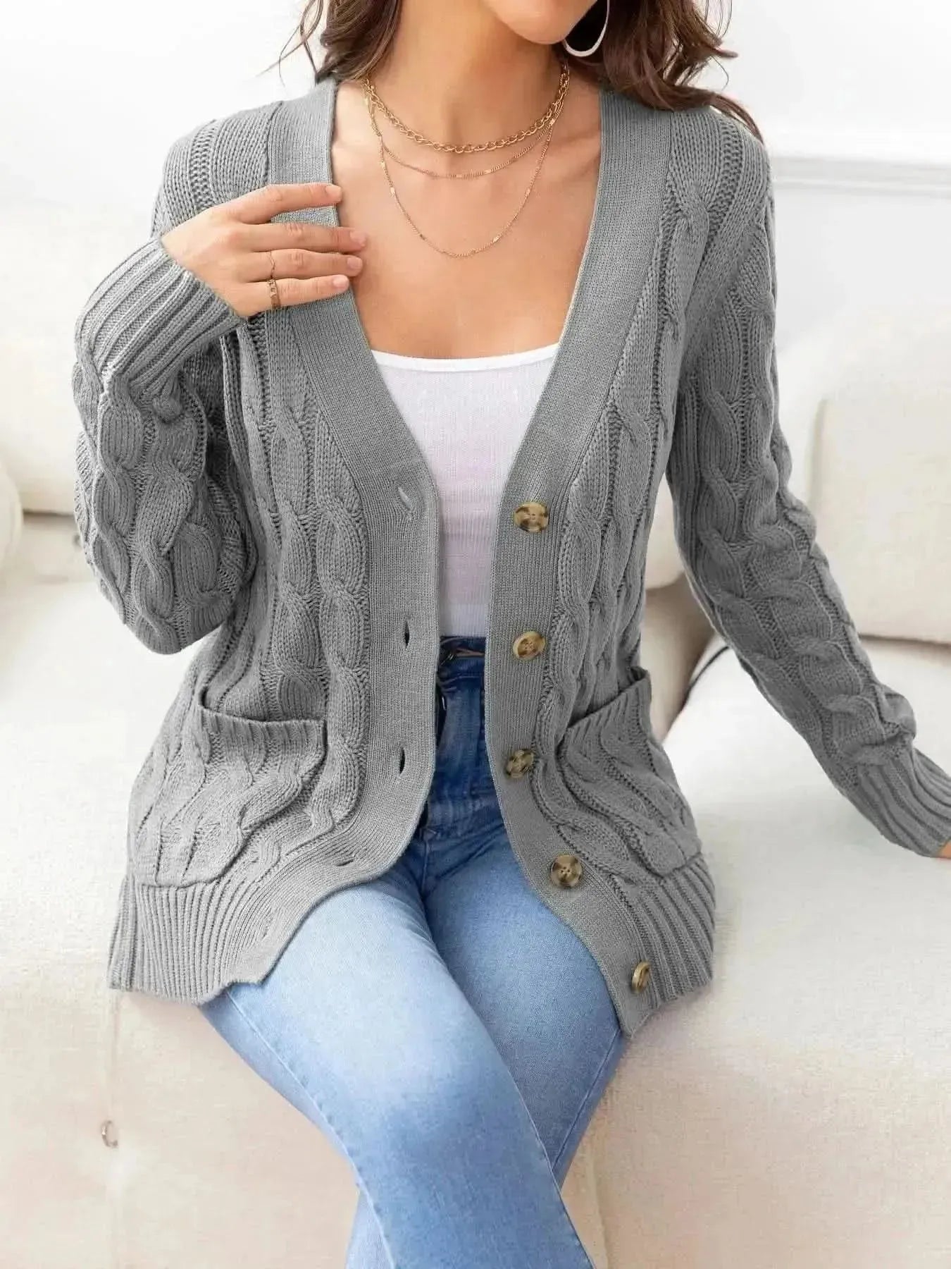 Button Down Cable-Knit Cardigan - Bad Moms Club