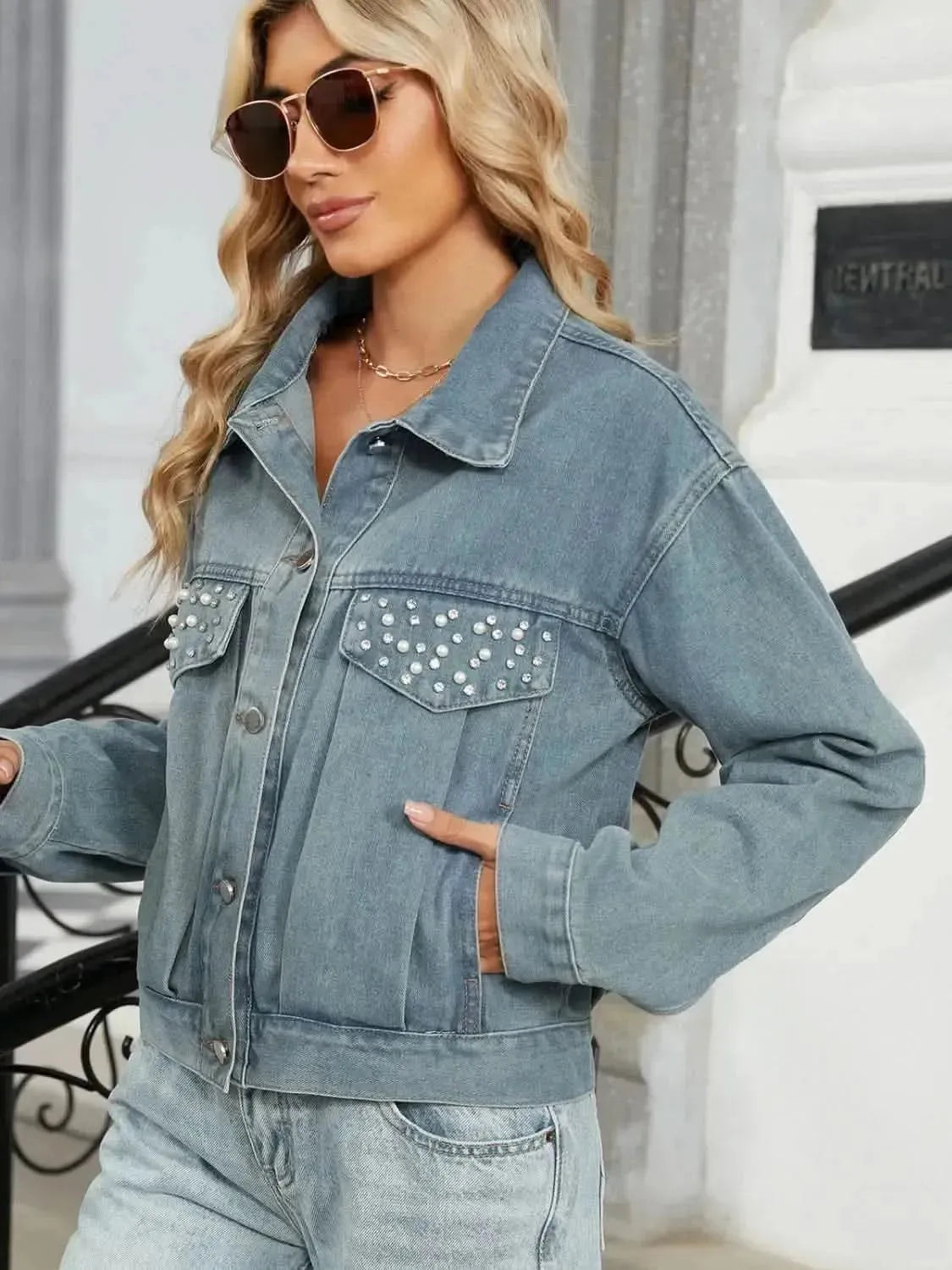 Rhinestone & Peal Trim Button Down Long Sleeve Denim Jacket - Bad Moms Club