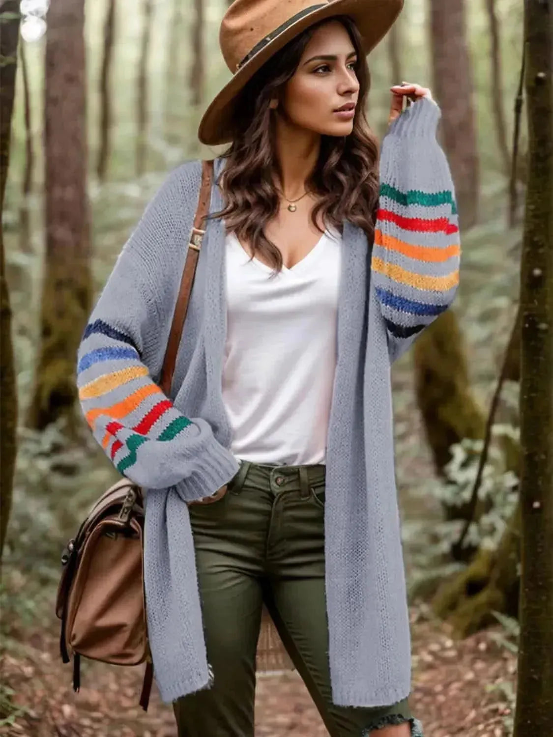 Striped Open Front Long Sleeve Cardigan - Bad Moms Club