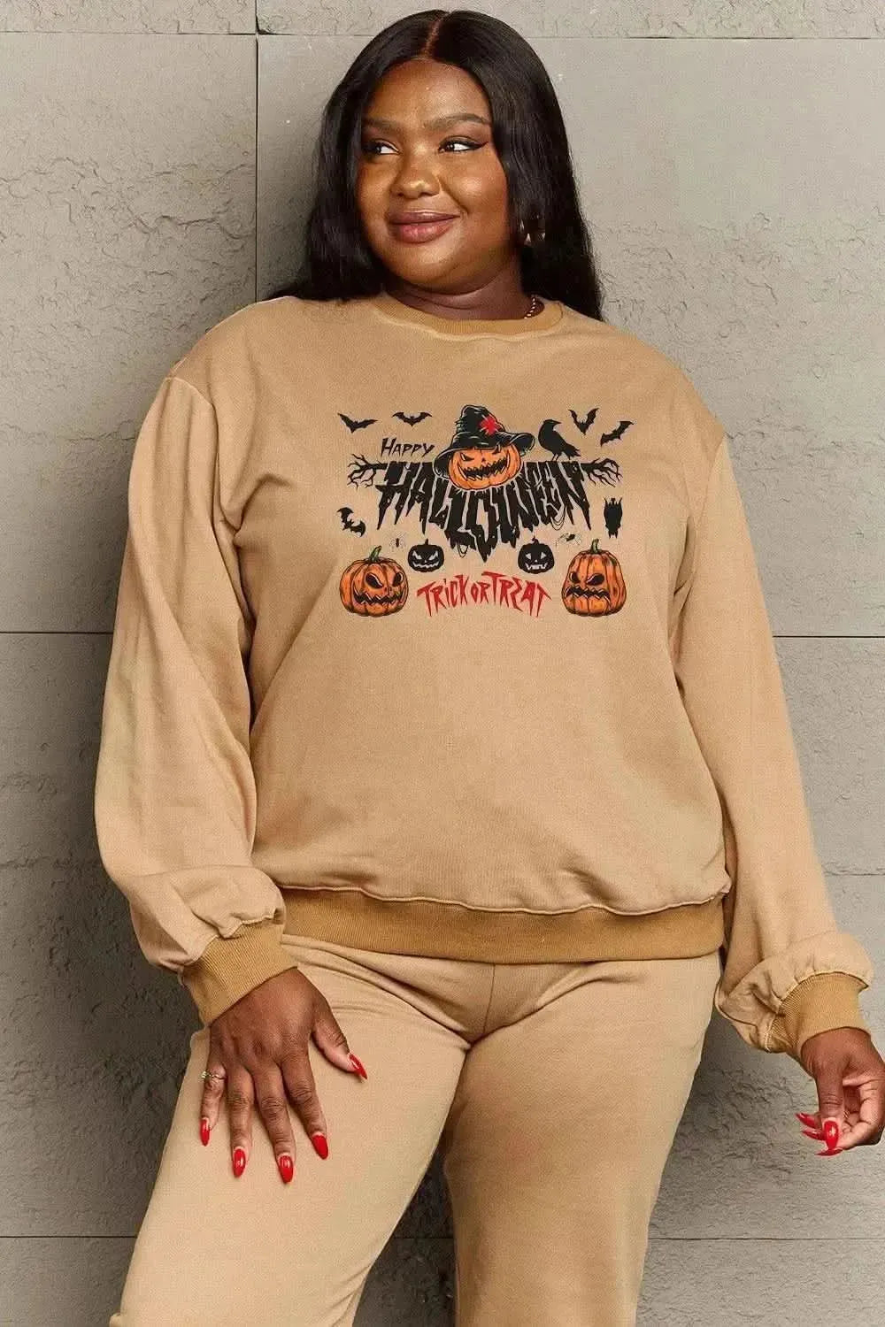 Simply Love Full Size HAPPY HALLOWEEN TRICK OR TREAT Graphic Sweatshirt - Bad Moms Club