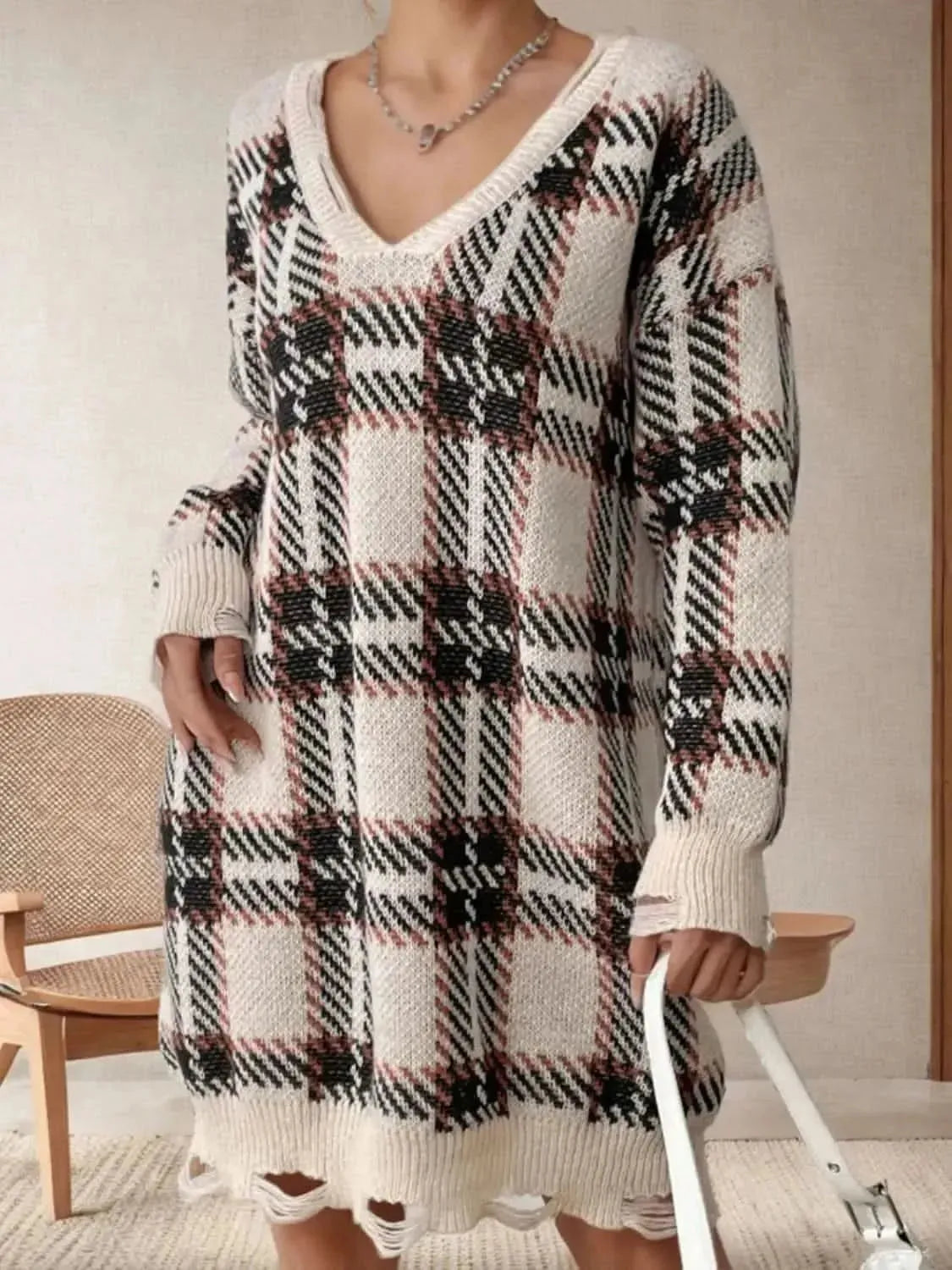 Distressed Plaid V-Neck Long Sleeve Sweater Dress - Bad Moms Club