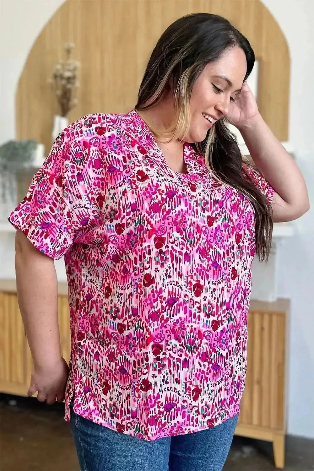Double Take Full Size Printed V-Neck Short Sleeve Blouse - Bad Moms Club
