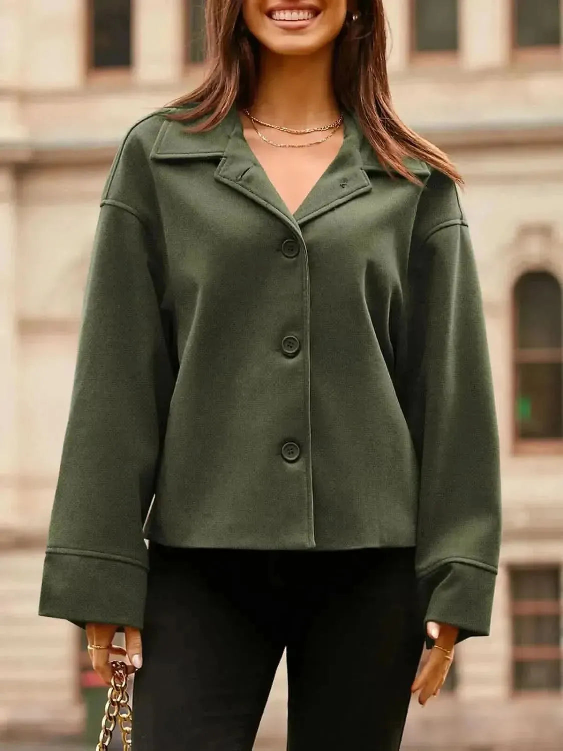 Collared Neck Dropped Shoulder Jacket - Bad Moms Club