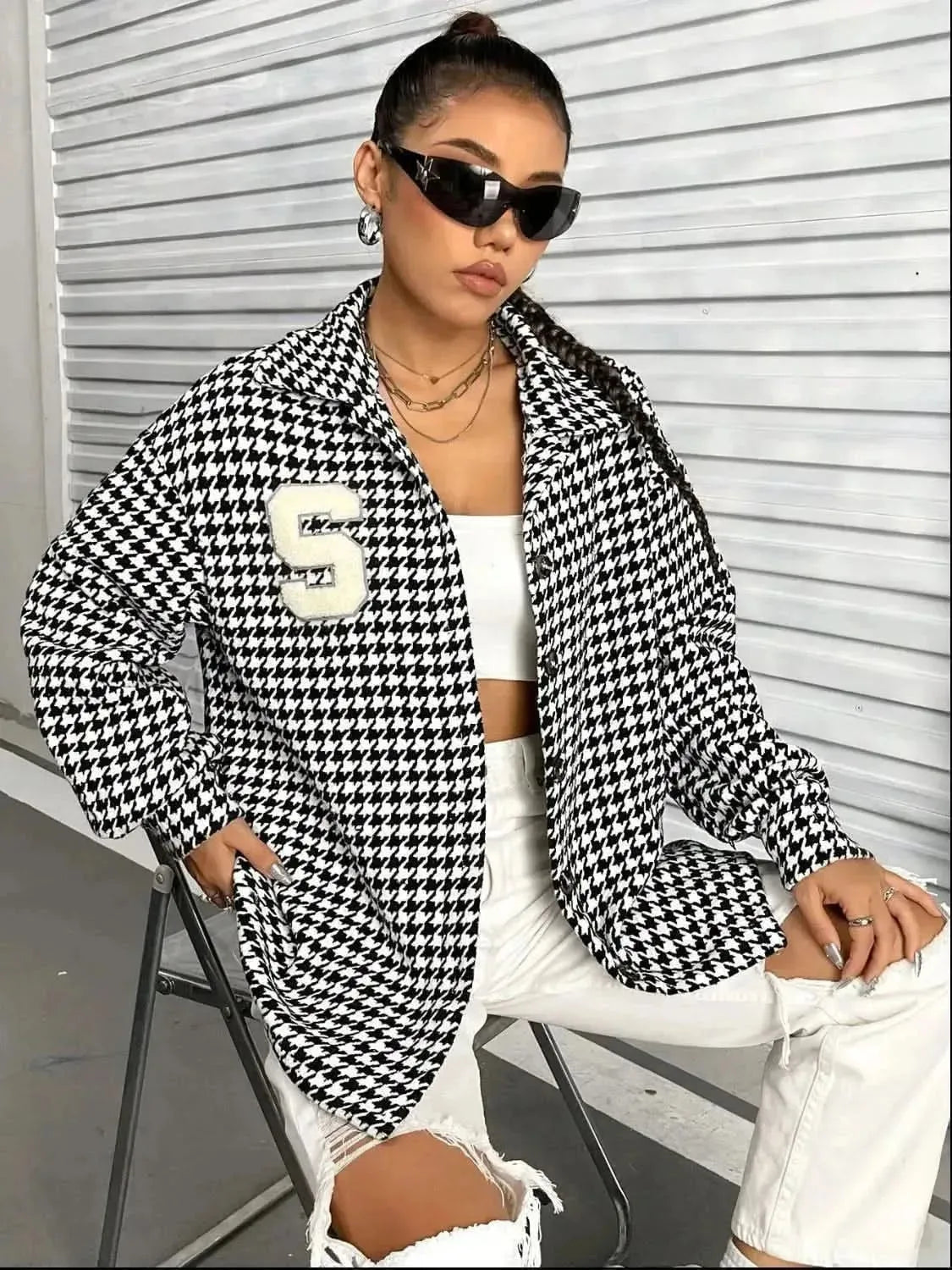 Houndstooth Button Down Long Sleeve Shacket - Bad Moms Club