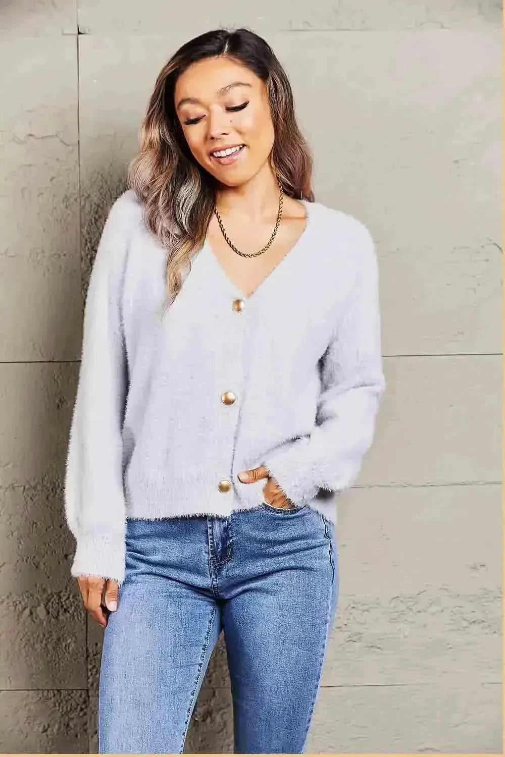 Fuzzy Long Sleeve Button Down Cardigan - Bad Moms Club