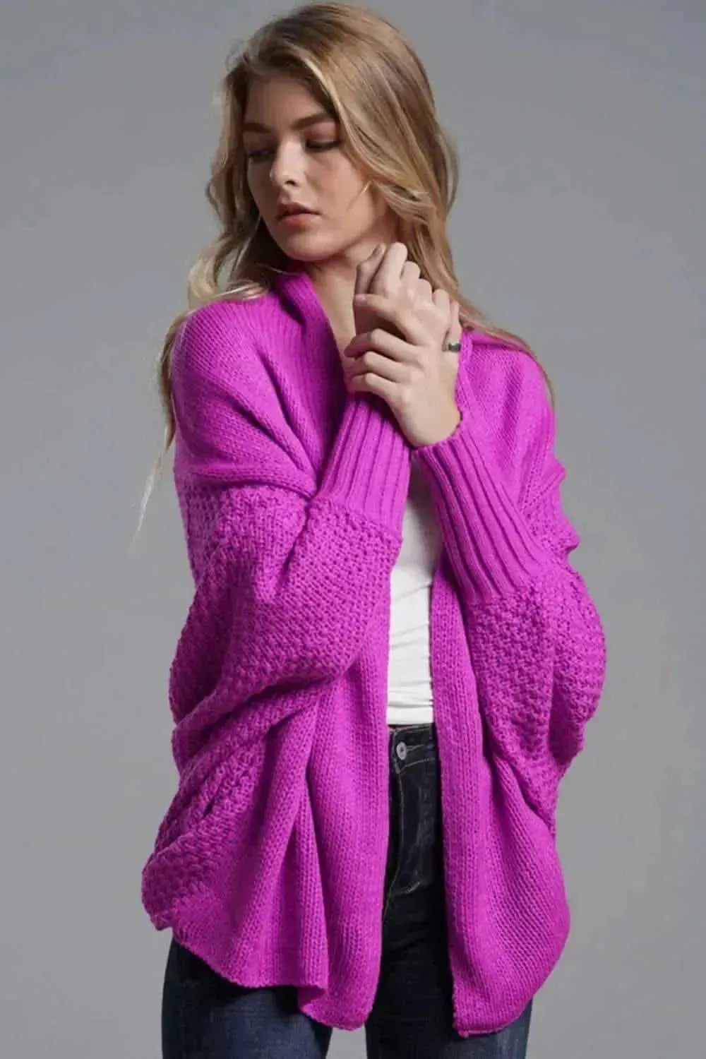 Dolman Sleeve Open Front Ribbed Trim Longline Cardigan - Bad Moms Club