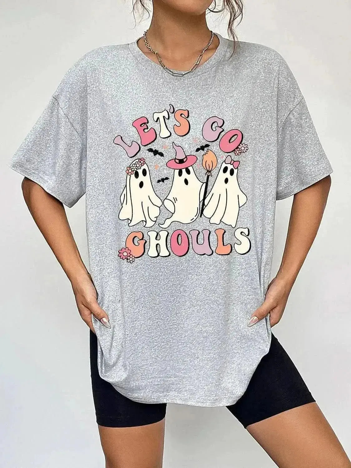 Round Neck Short Sleeve LET'S GO GHOULS Graphic T-Shirt - Bad Moms Club