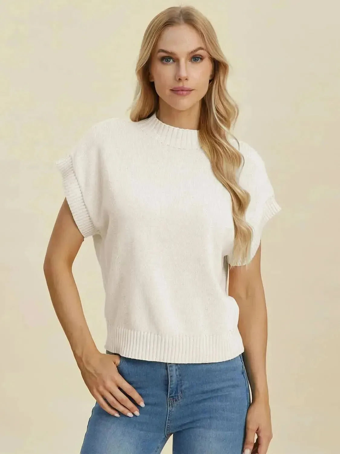Double Take Full Size Mock Neck Short Sleeve Sweater - Bad Moms Club