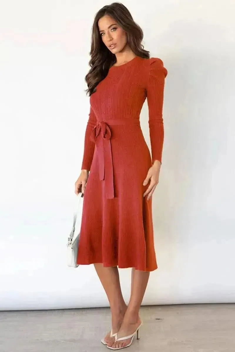 Round Neck Long Sleeve Tie Waist Sweater Dress - Bad Moms Club