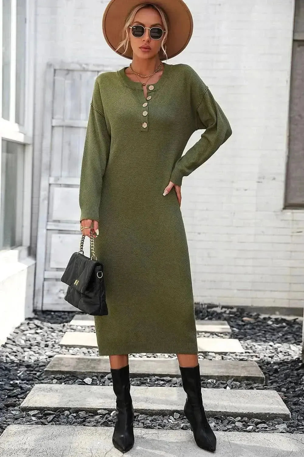 Decorative Button Notched Dropped Shoulder Sweater Dress - Bad Moms Club