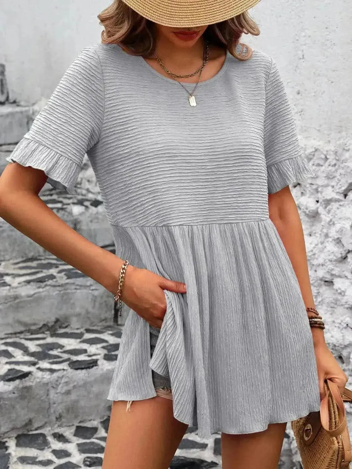 Ivy Lane Round Neck Short Sleeve Blouse - Bad Moms Club