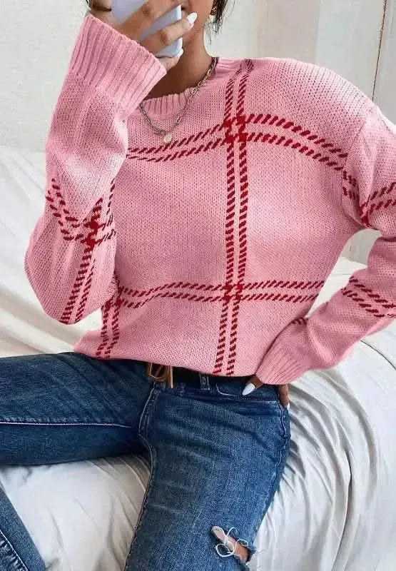 Contrast Round Neck Long Sleeve Sweater - Bad Moms Club