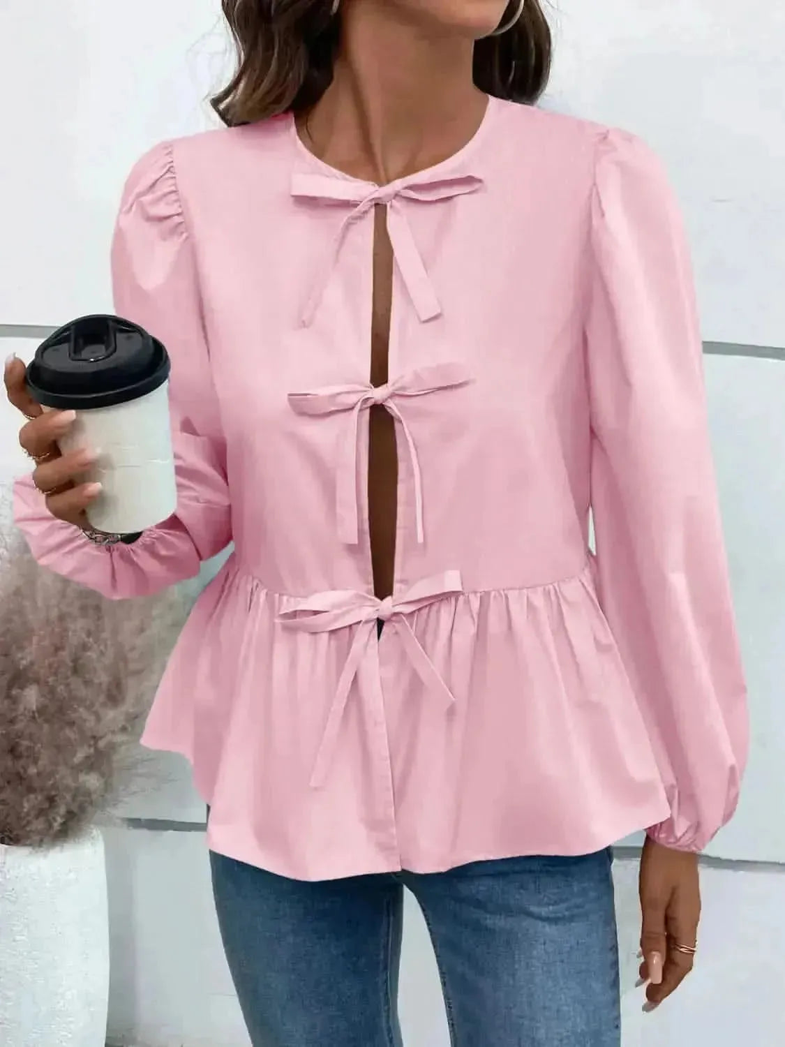 Ivy Lane Peplum Tied Long Sleeve Blouse - Bad Moms Club
