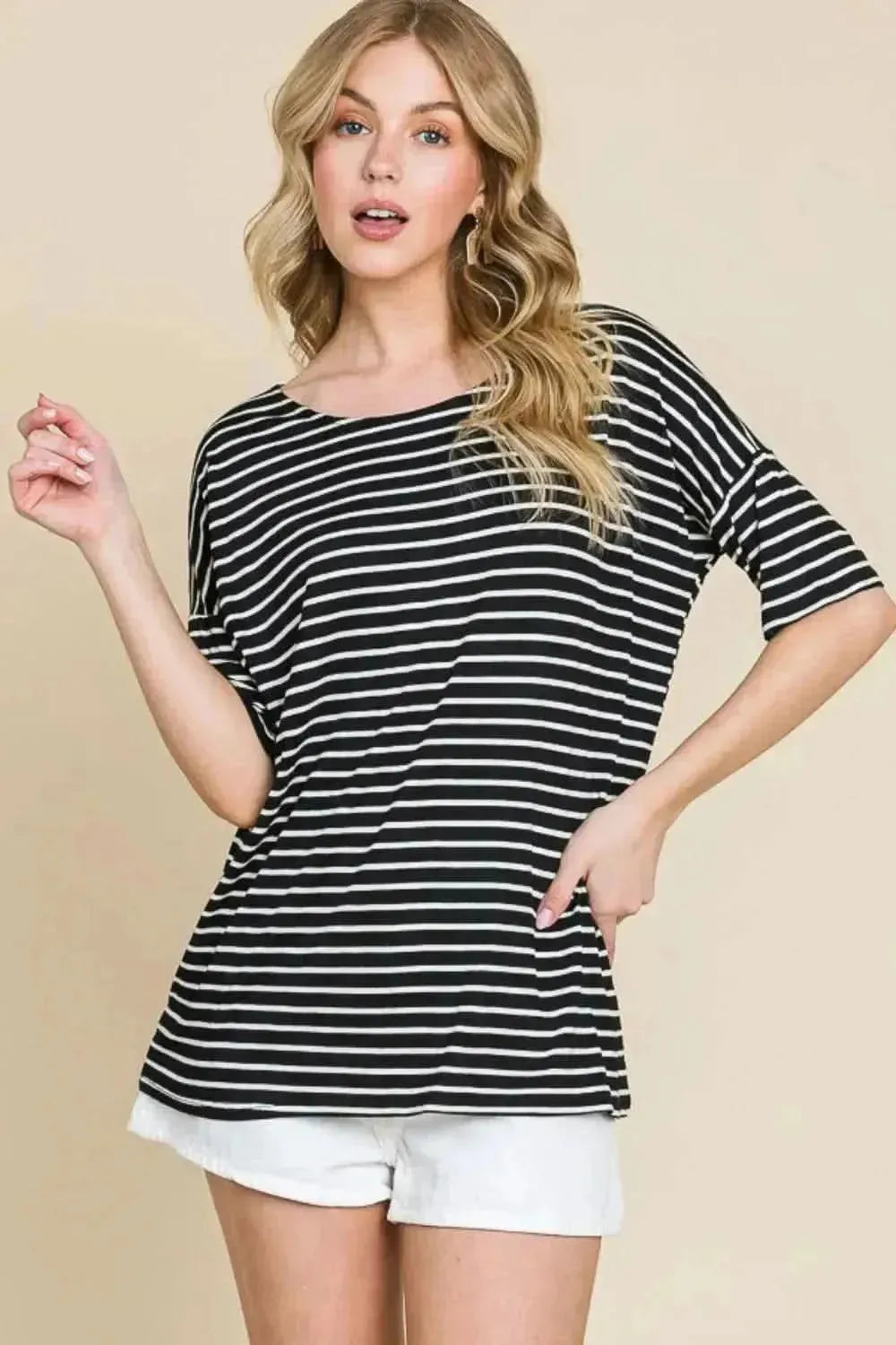 BOMBOM Striped Round Neck T-Shirt - Bad Moms Club