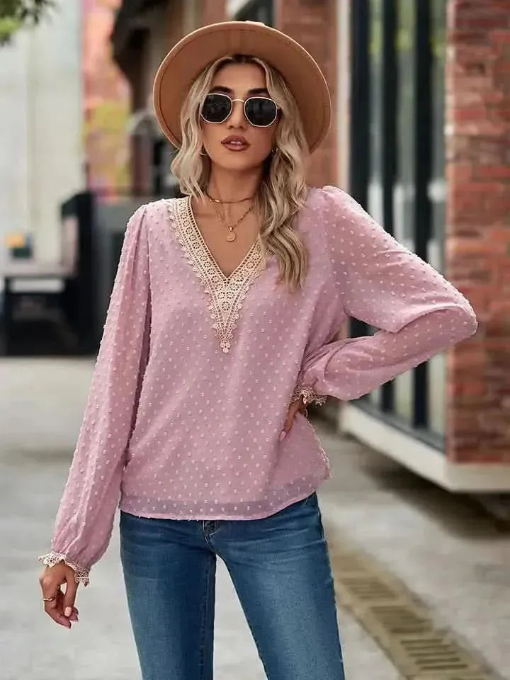 Swiss Dot V-Neck Long Sleeve Blouse - Bad Moms Club