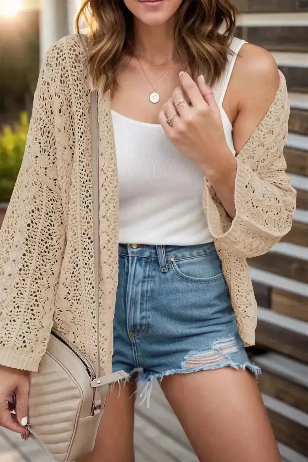 Openwork Open Front Dropped Shoulder Cardigan - Bad Moms Club