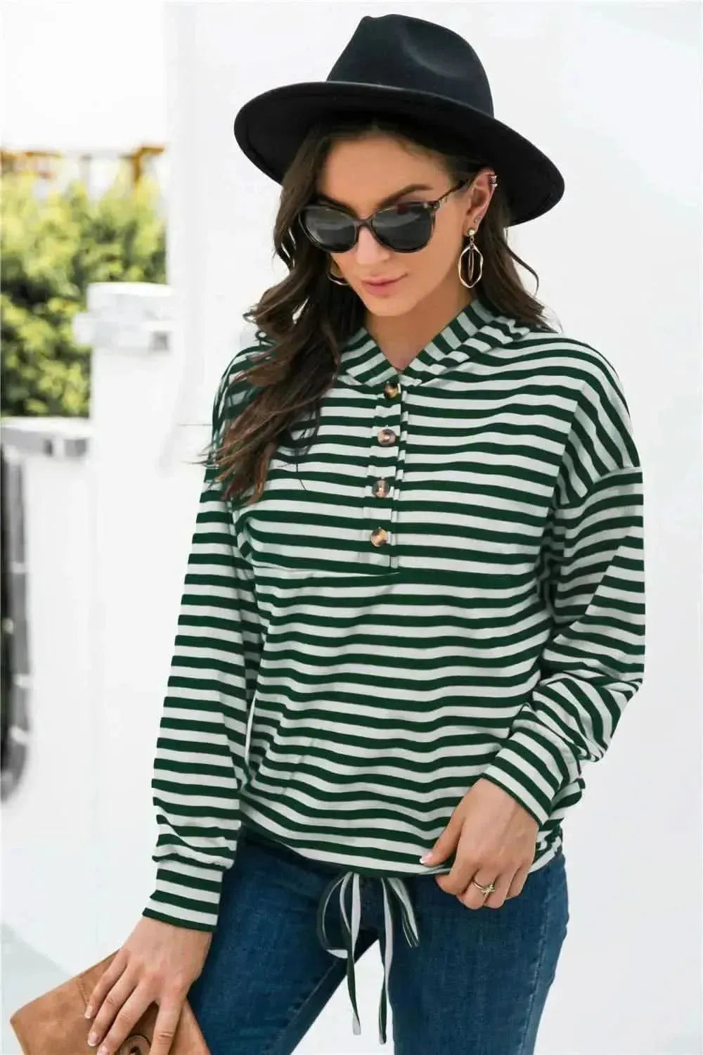 Striped Half-Button Dropped Shoulder Hoodie - Bad Moms Club
