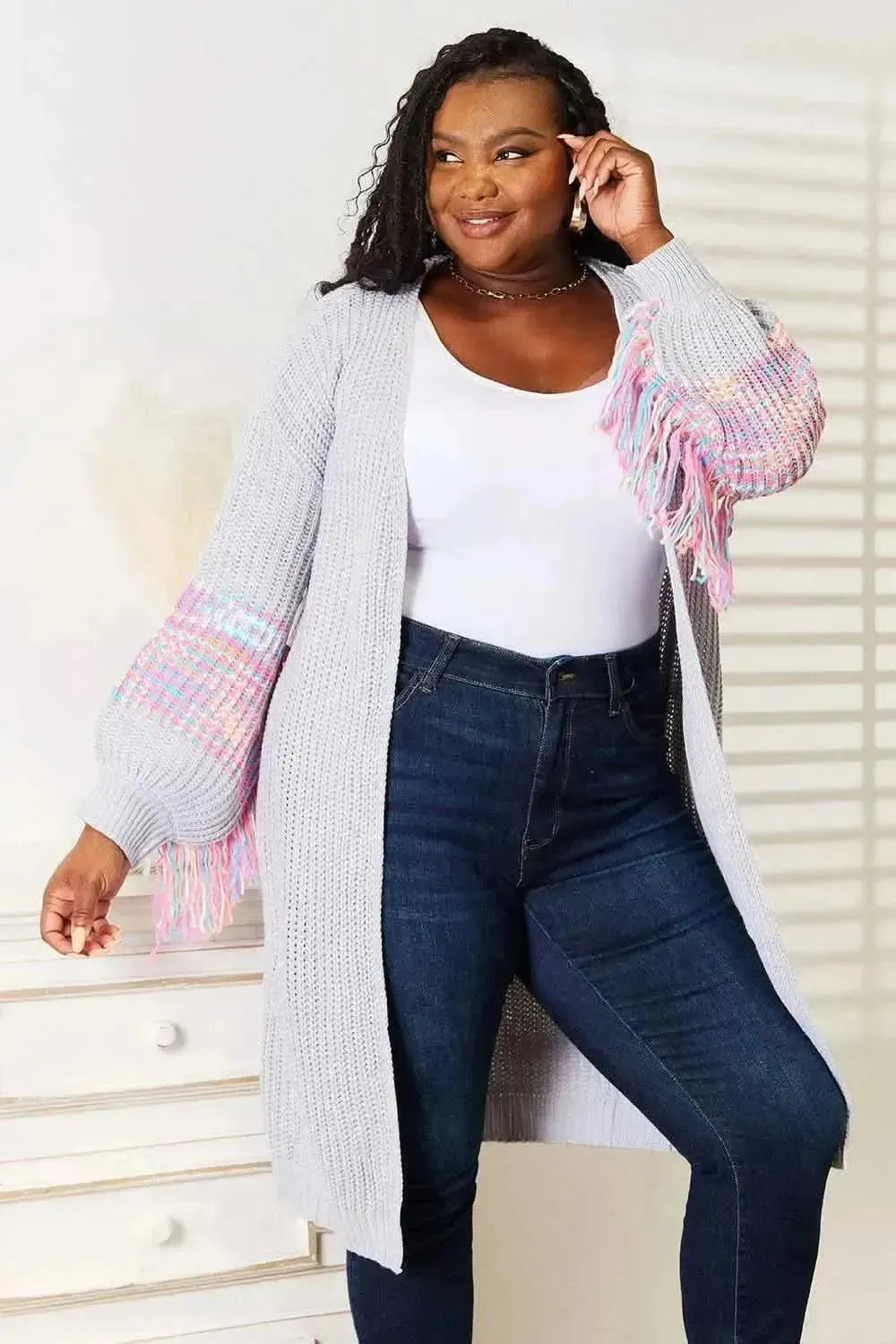 Woven Right Fringe Sleeve Dropped Shoulder Cardigan - Bad Moms Club