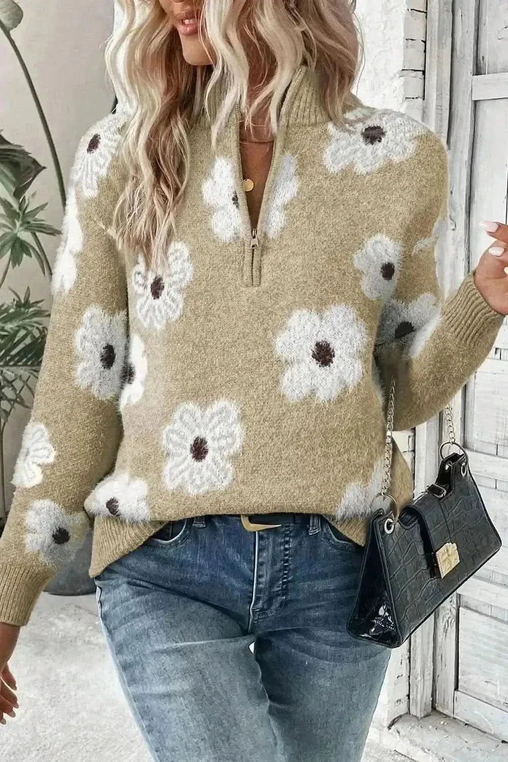 Flower Half Zip Long Sleeve Sweater - Bad Moms Club