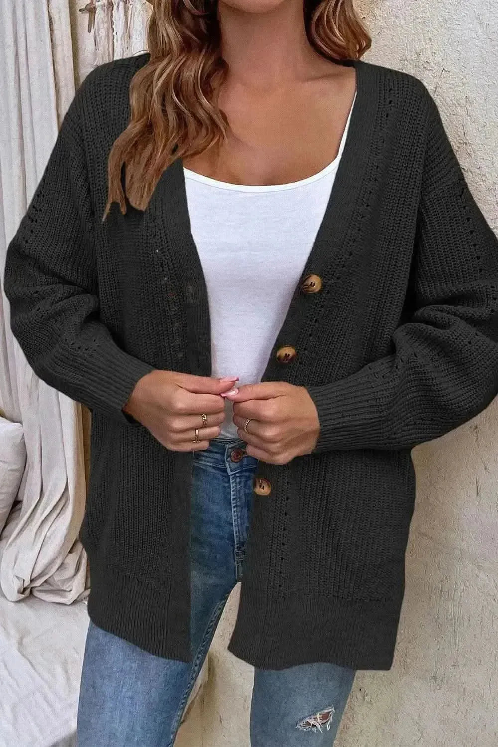 V-Neck Openwork Long Sleeve Cardigan - Bad Moms Club