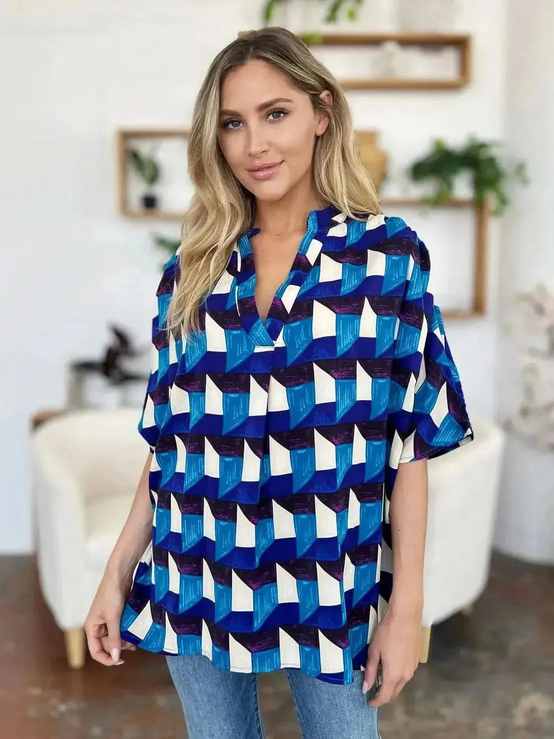 Double Take Full Size Geometric Notched Half Sleeve Blouse - Bad Moms Club