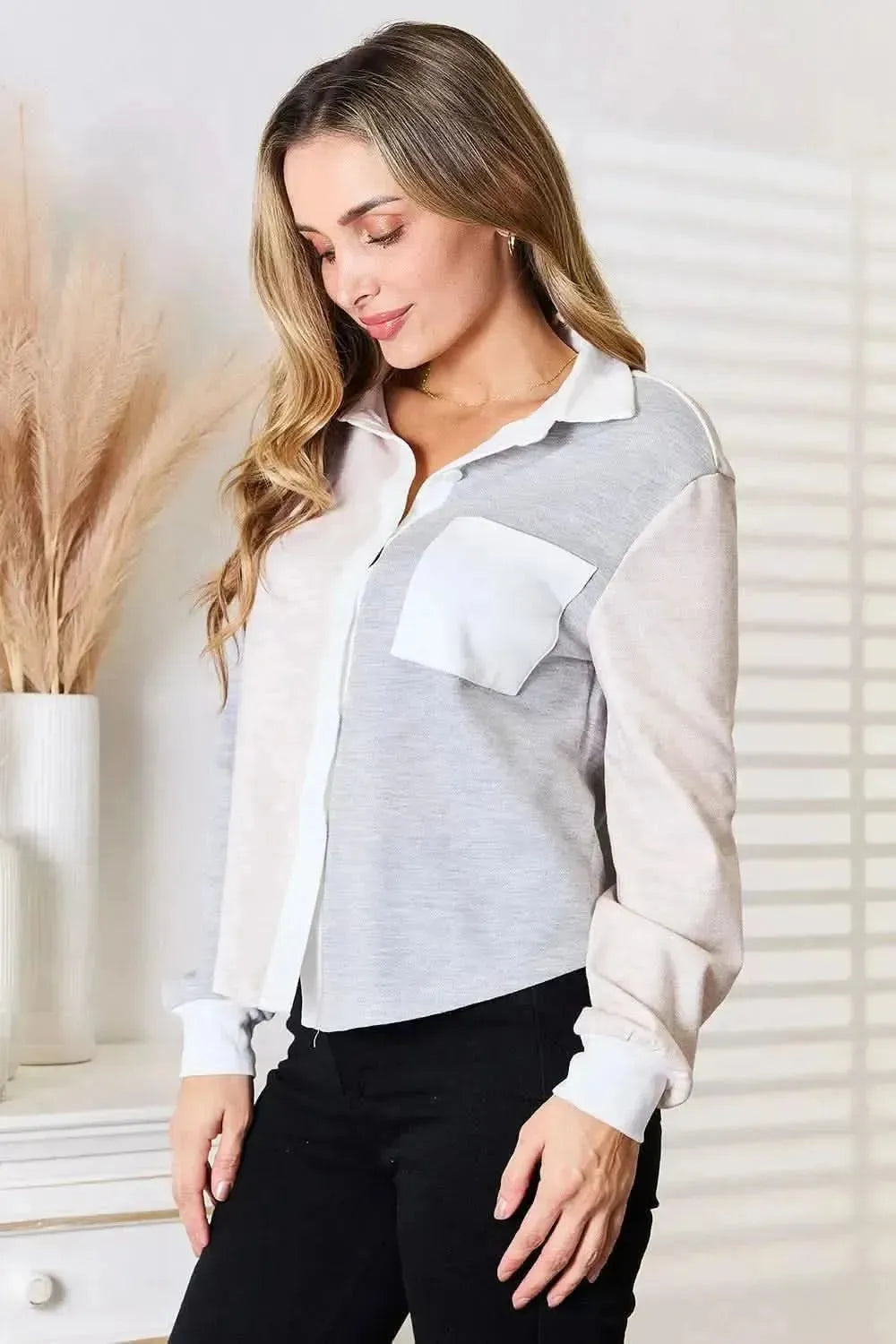 Double Take Color Block Curved Hem Shirt - Bad Moms Club
