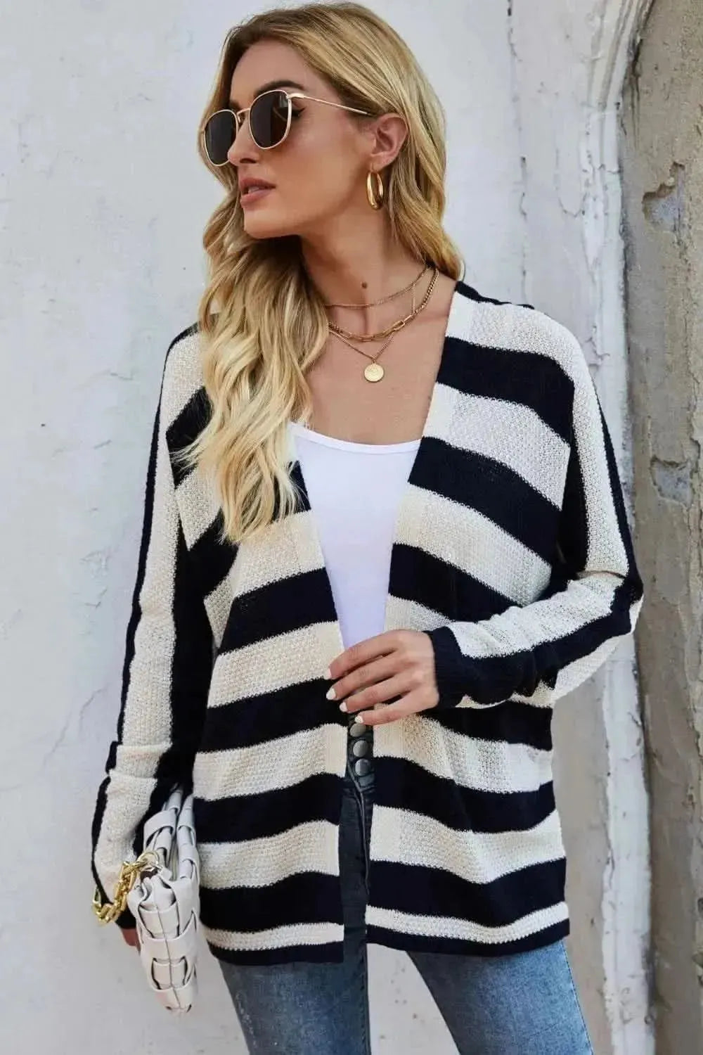 Striped Dolman Sleeve Open Front Cardigan - Bad Moms Club