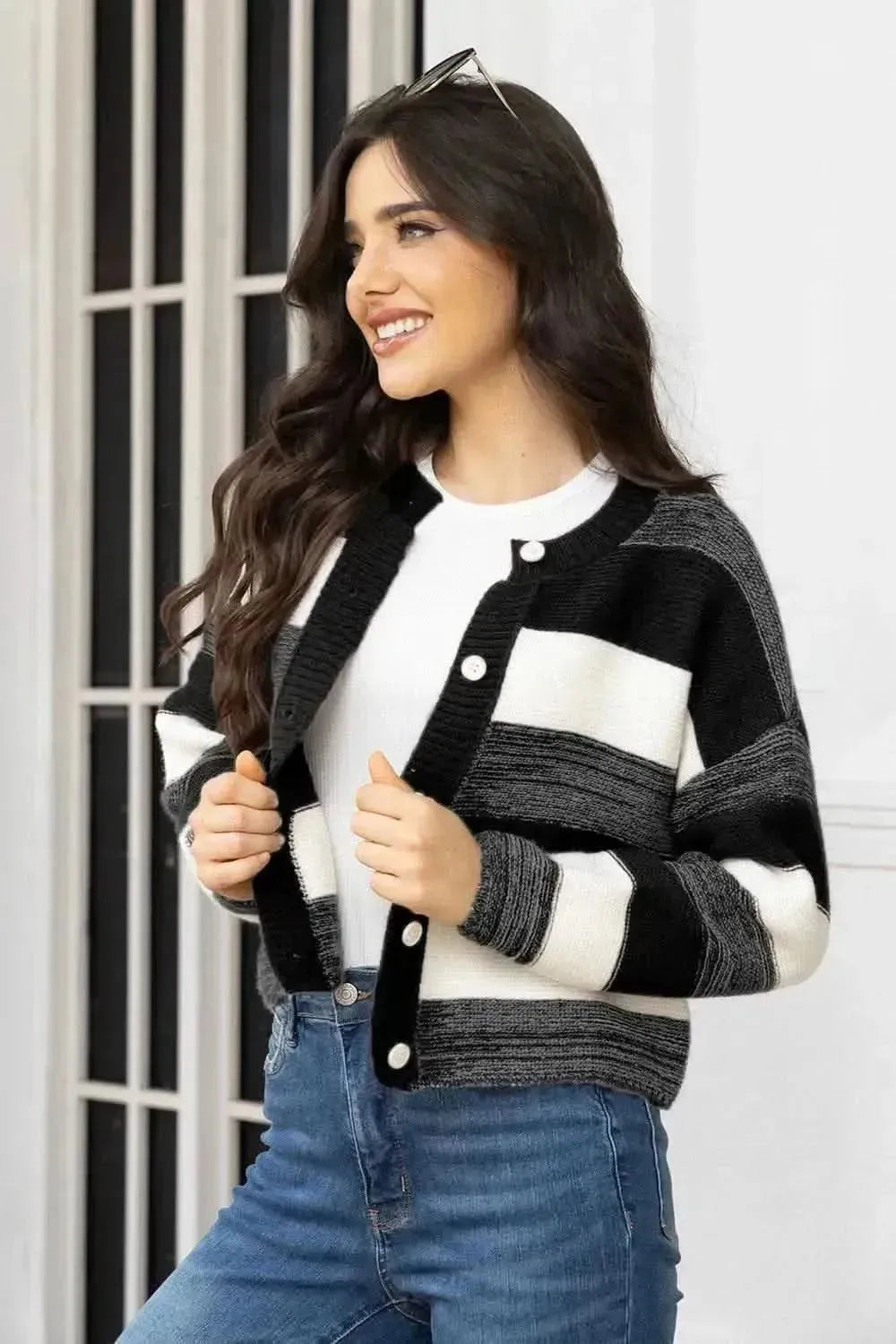 Striped Button Up Long Sleeve Cardigan - Bad Moms Club