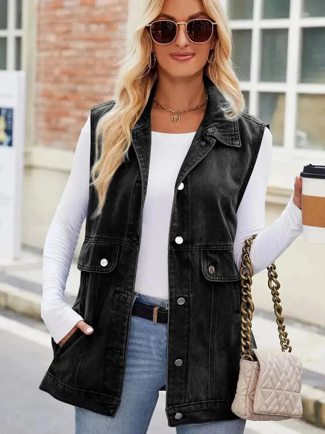 Button Up Collared Neck Denim Jacket with Pockets - Bad Moms Club