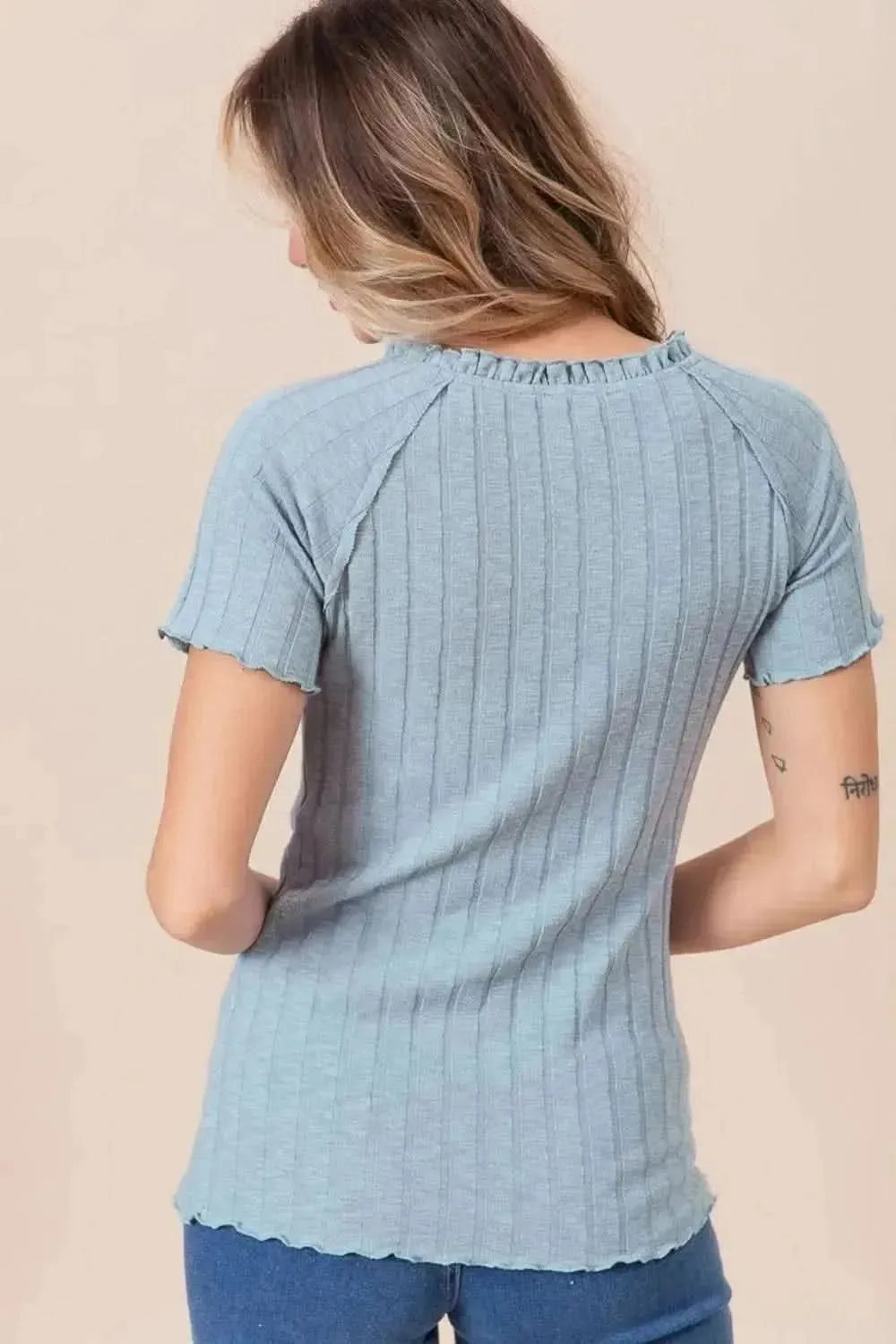 BiBi Ruffle Round Neck Merrow Edge Rib Top - Bad Moms Club
