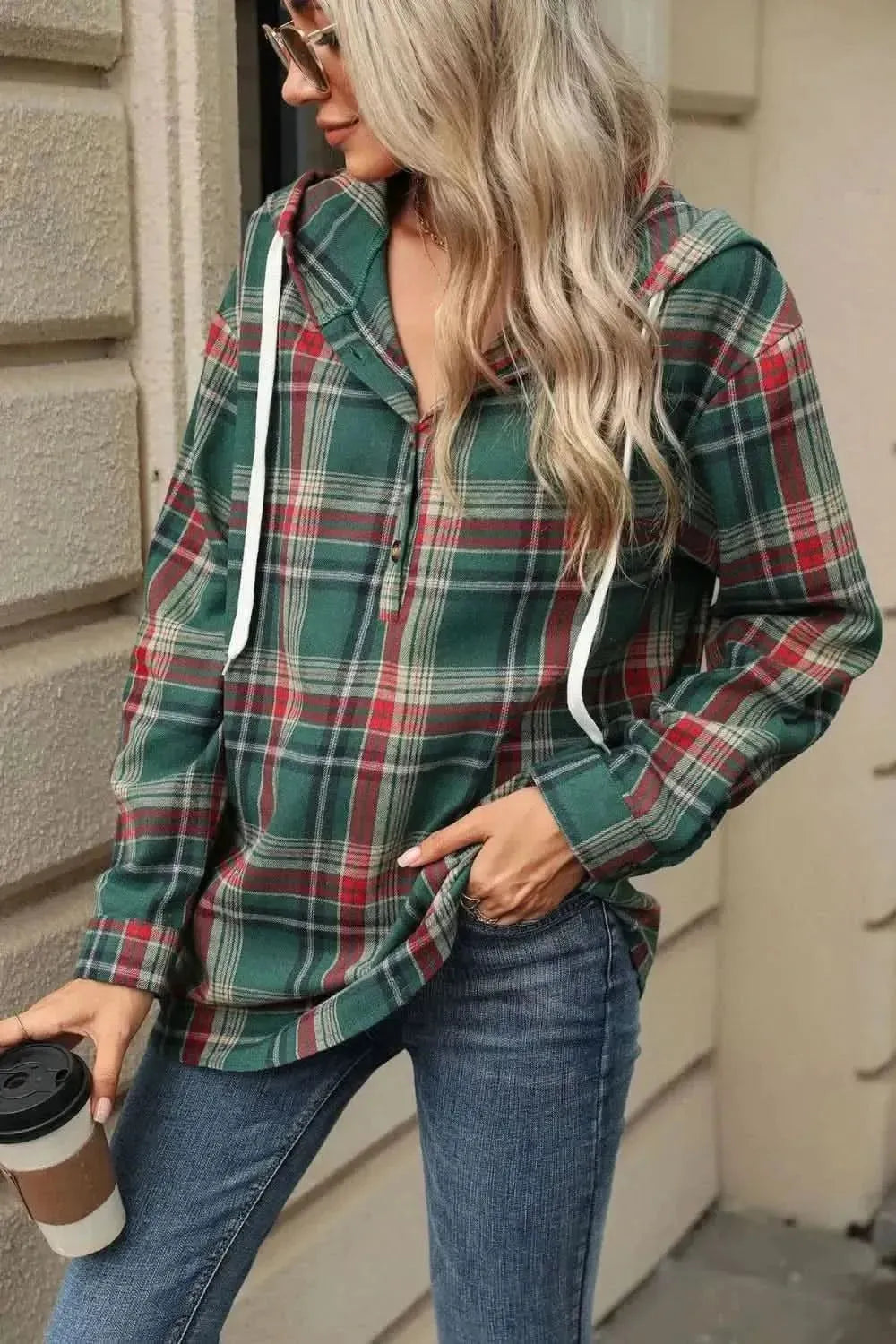 Drawstring Plaid Hooded Long Sleeve Top - Bad Moms Club
