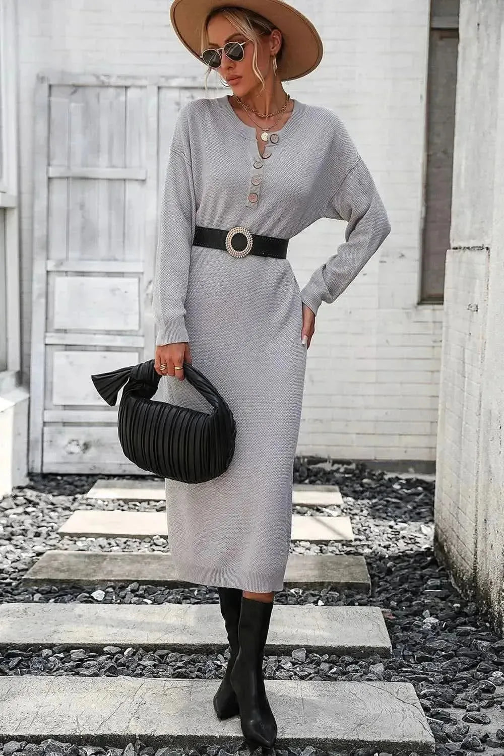 Decorative Button Notched Dropped Shoulder Sweater Dress - Bad Moms Club