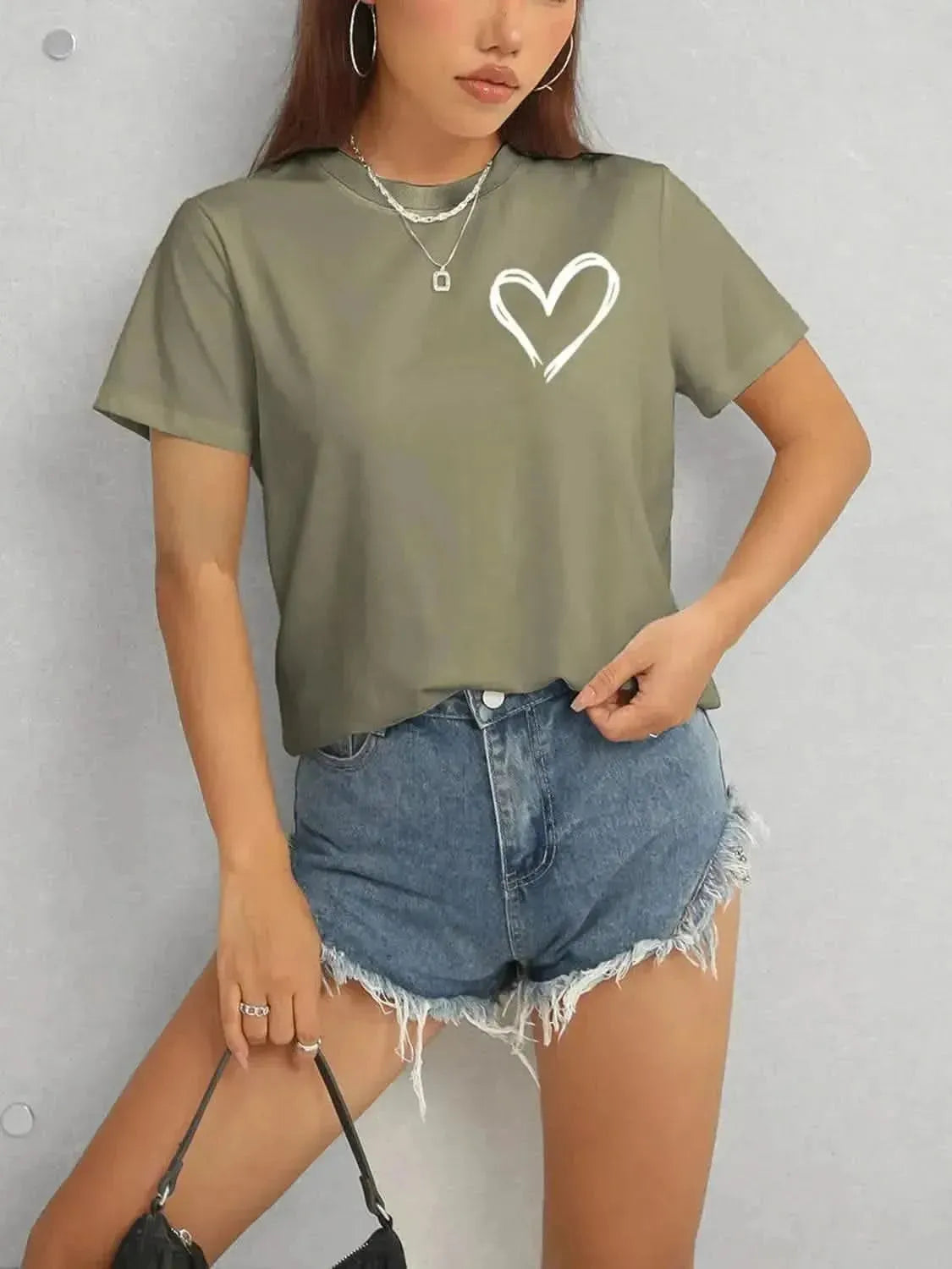 Heart Round Neck Short Sleeve T-Shirt - Bad Moms Club
