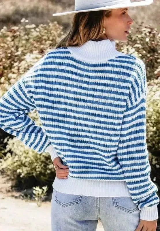 Striped Half Zip Mock Neck Long Sleeve Sweater - Bad Moms Club