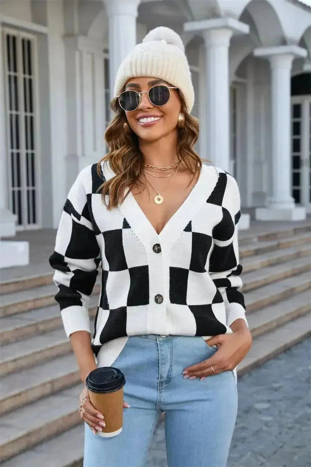 Button-Up V-Neck Dropped Shoulder Cardigan - Bad Moms Club
