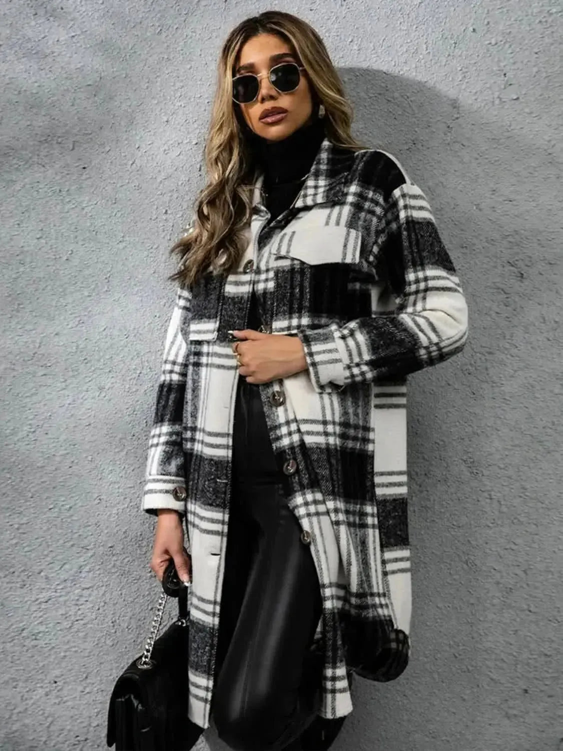 Plaid Collared Neck Long Sleeve Coat - Bad Moms Club