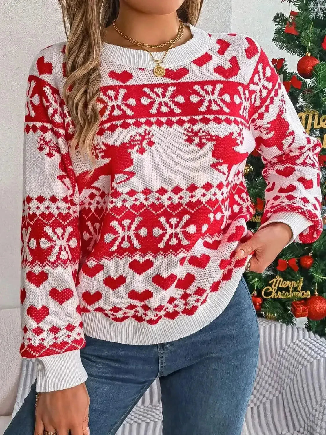 Christmas Element Round Neck Long Sleeve Sweater - Bad Moms Club