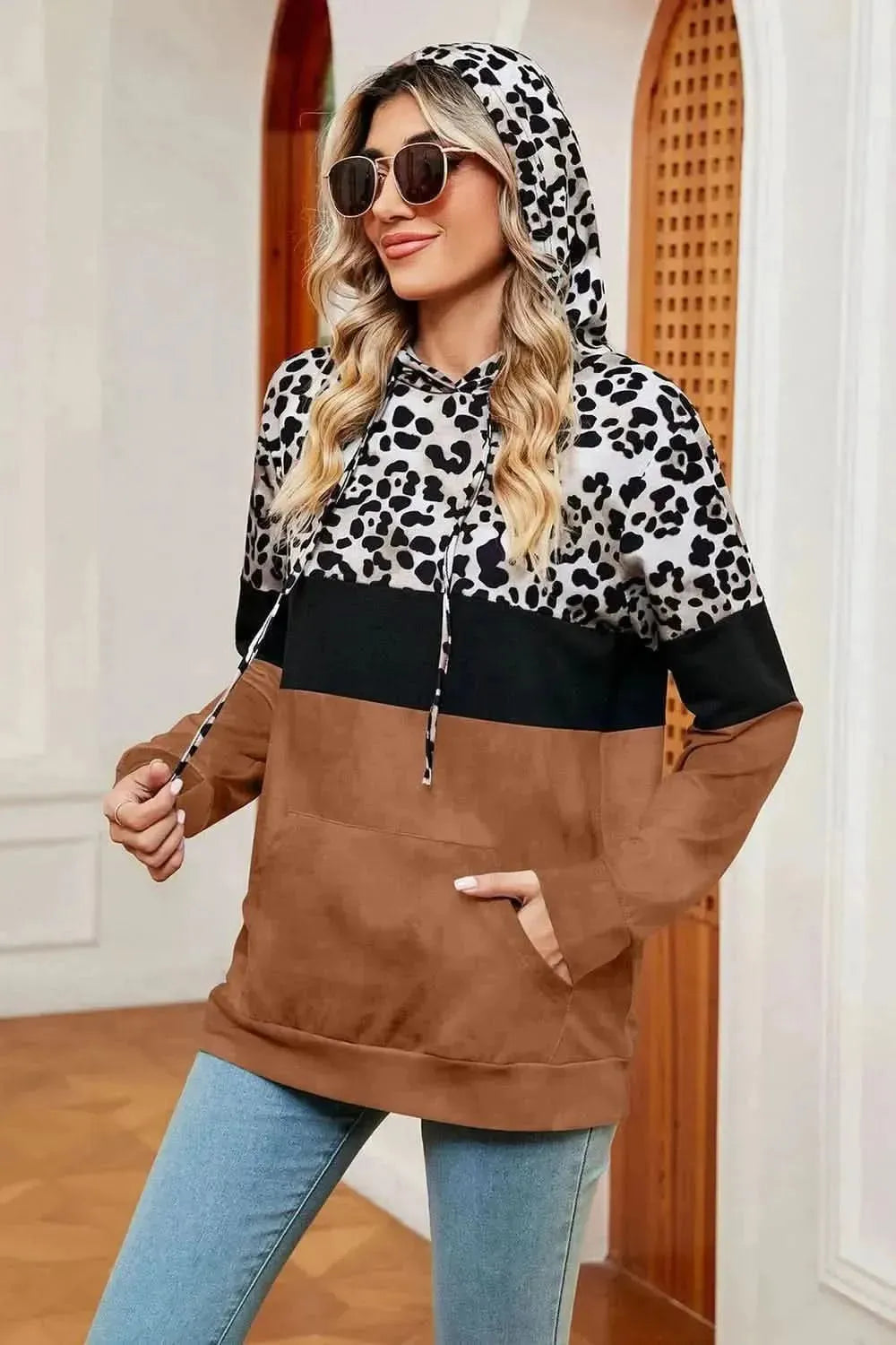 Leopard Drawstring Hoodie with Pocket - Bad Moms Club