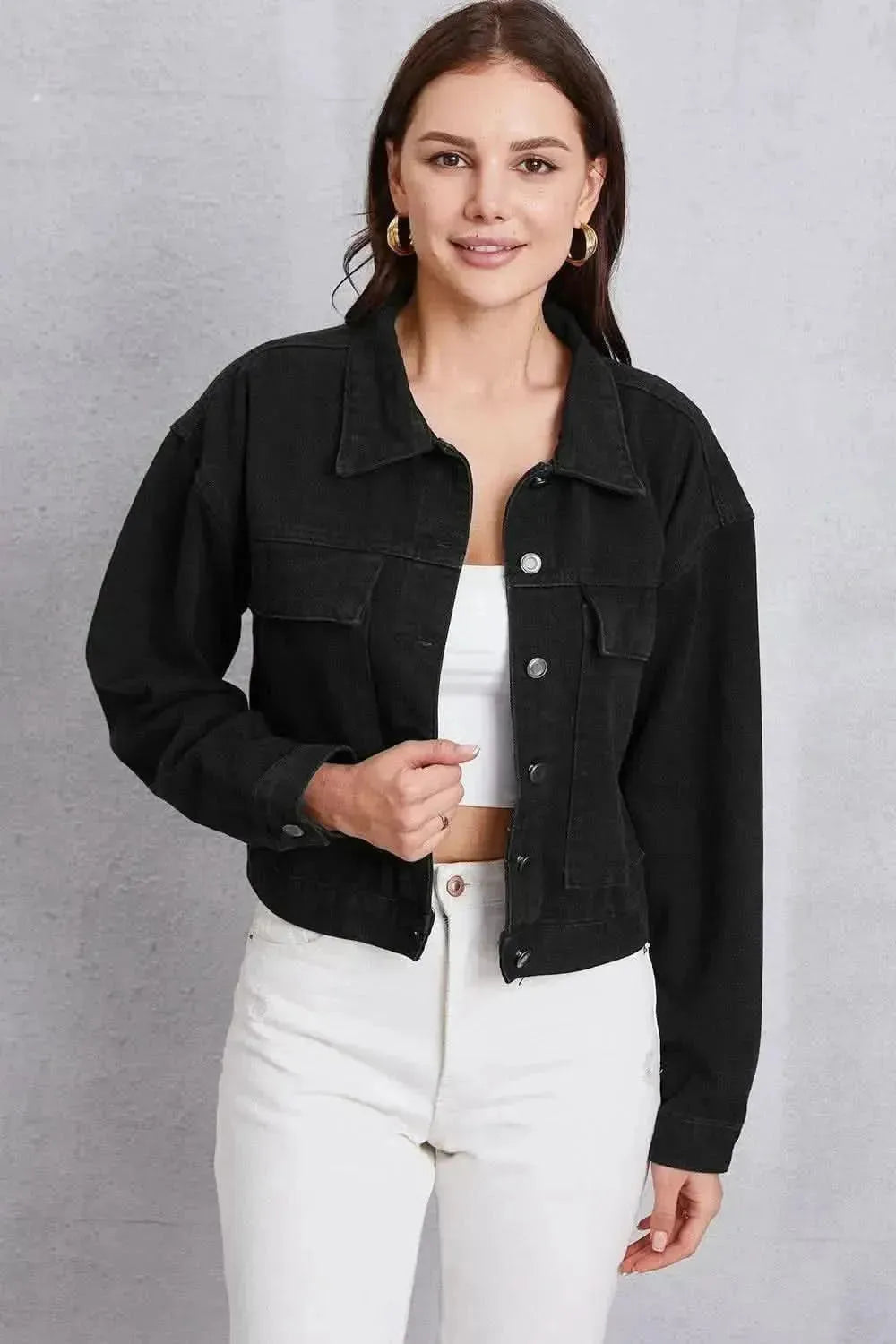 Button Up Dropped Shoulder Denim Jacket - Bad Moms Club