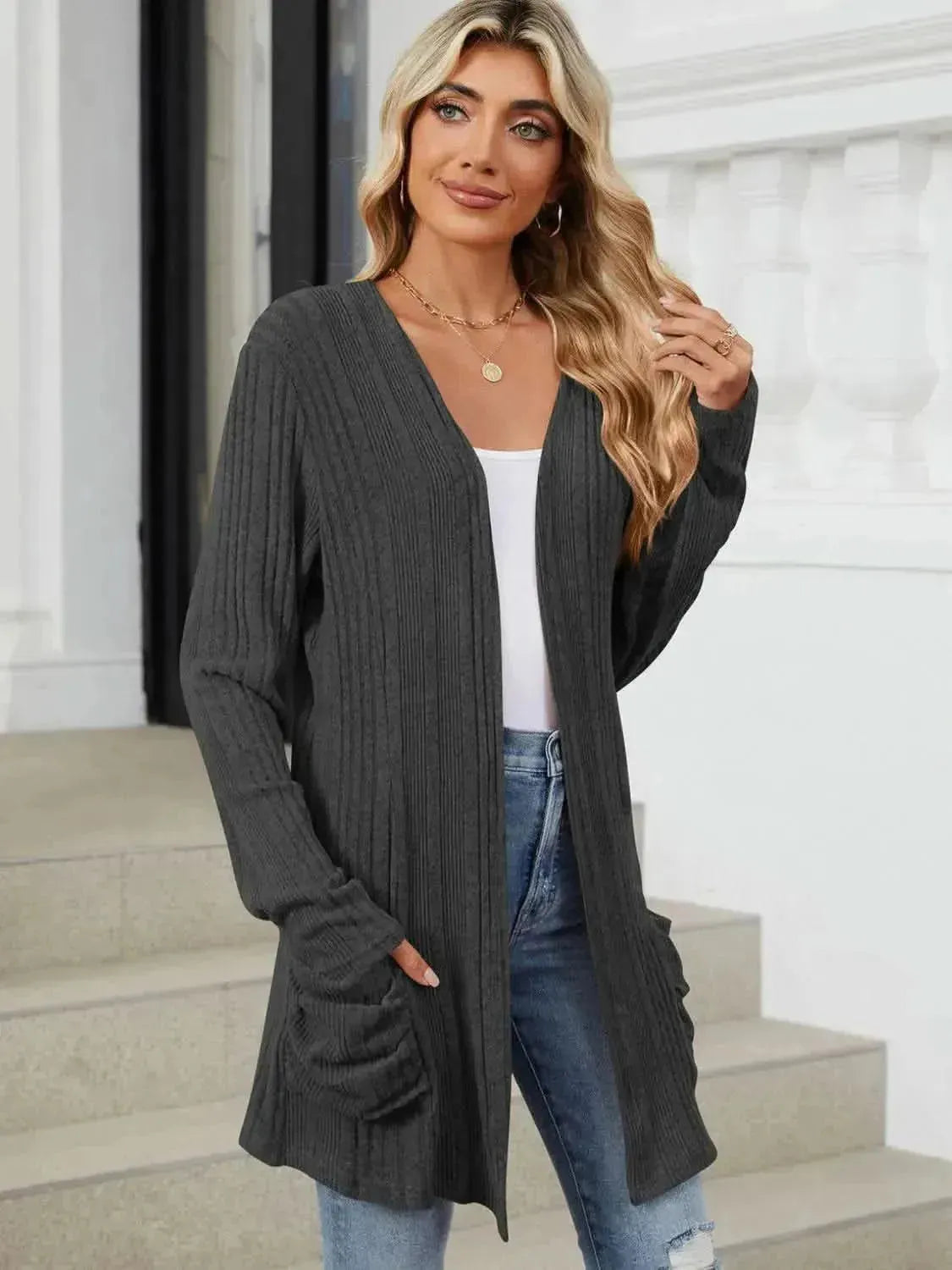 Pocketed Open Front Long Sleeve Cardigan - Bad Moms Club