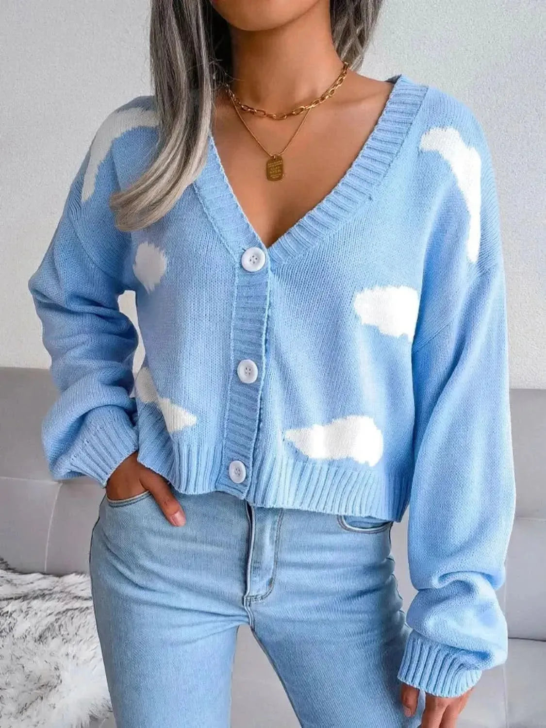 Cloud Print Button Down Ribbed Trim Cardigan - Bad Moms Club