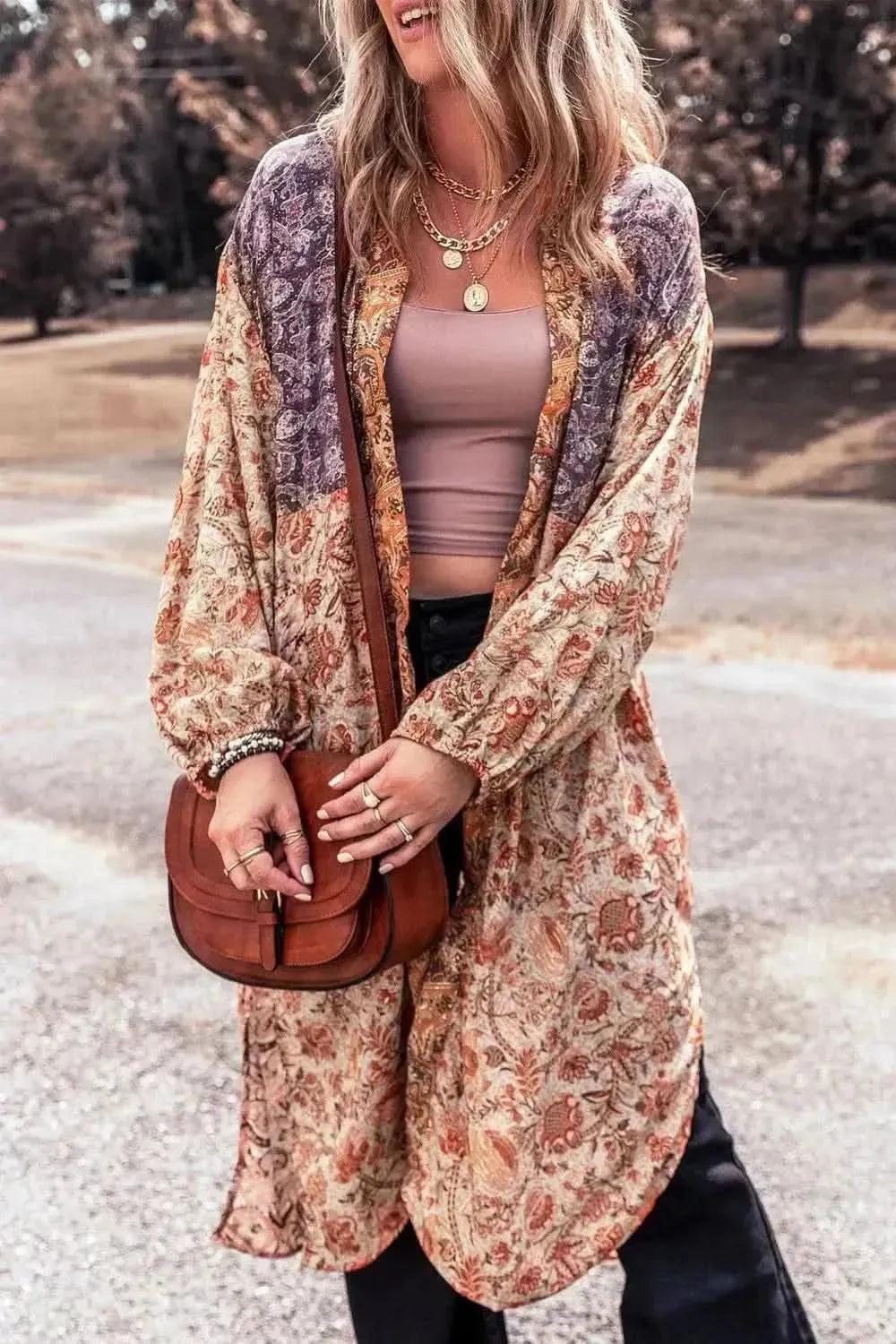 Floral Tassel Tied Open Front Long Sleeve Cardigan - Bad Moms Club