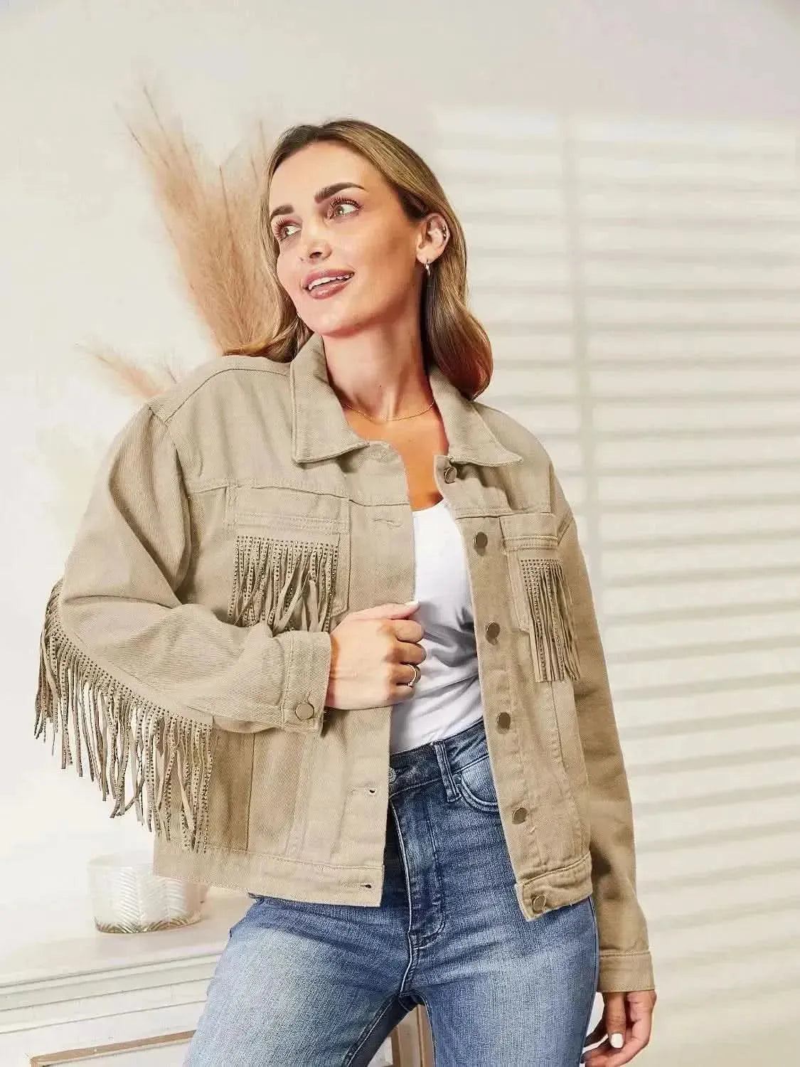 Fringe Detail Dropped Shoulder Denim Jacket - Bad Moms Club
