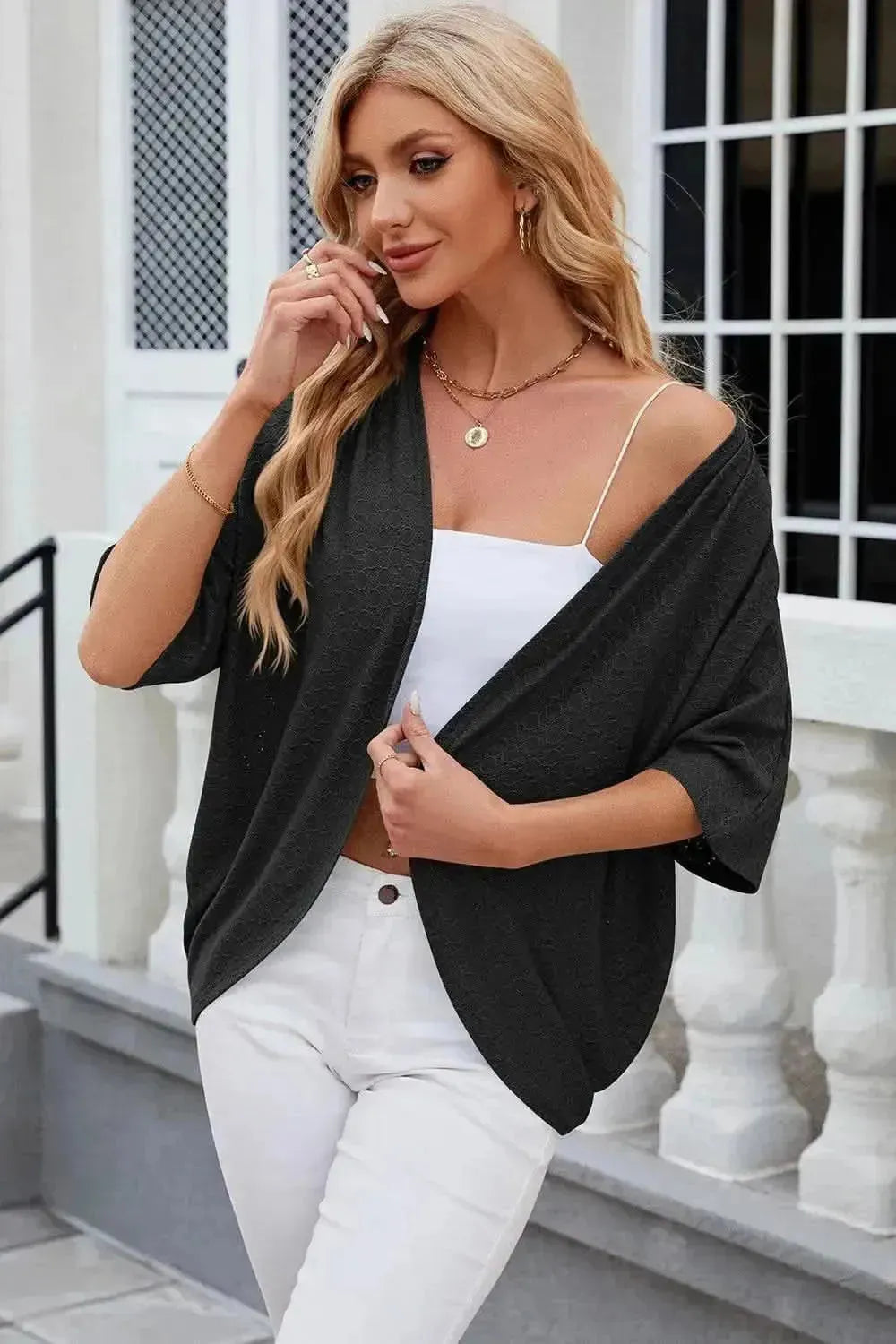 Eyelet Open Front Half Sleeve Cardigan - Bad Moms Club